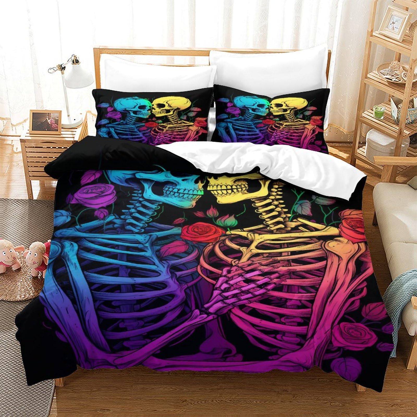 P1S9U7W5Y Rainbow Skeleton 3D Printed Duvet Cover Set 3pcs Microfiber Skull Bedding Set Double