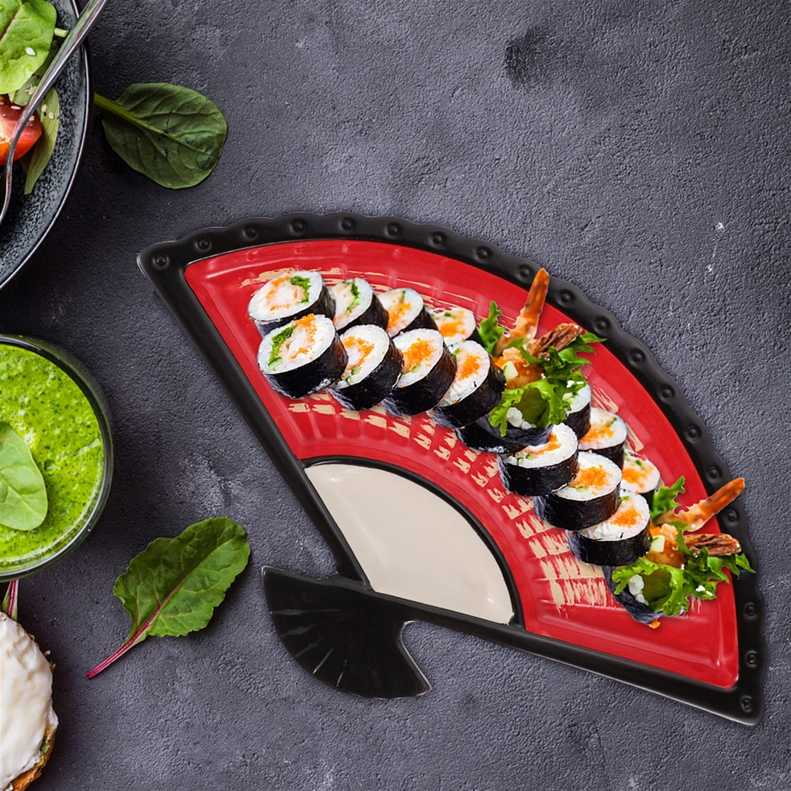 Auoeer Red Sushi Plate Sector Ceramic Sauce Dish Dumpling Dish Snack Plate Tableware (Color : )
