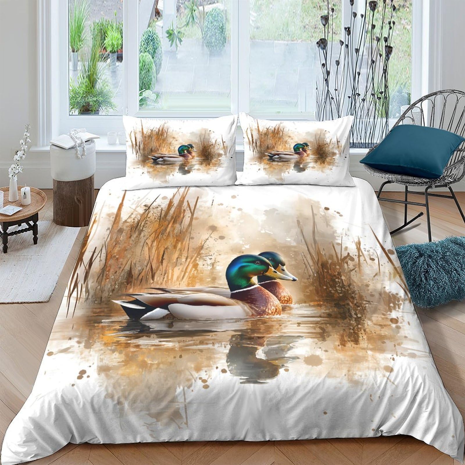 Ctjqhvkz Style-9 3D Printed Mallard Duck Lake Fitted Sheet Microfiber Soft Bedroom Decor Reed Water Mattress Cover Single（135X200cm）