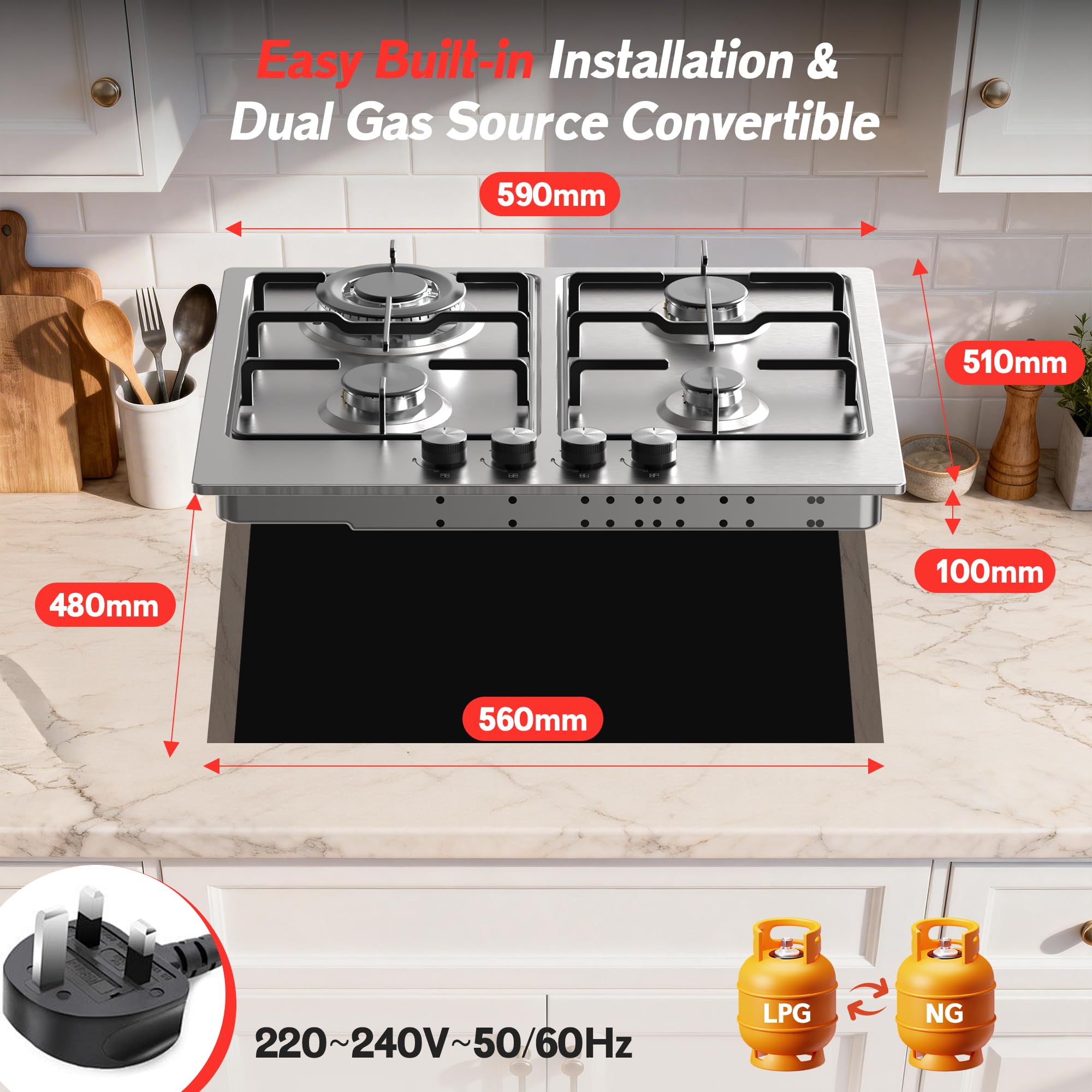 Traenvir Built-in Gas Hob, 7800W 4 Burners Stainless Steel Cooktop with Flame Failure Device, LPG/Natural Gas Convertible, 60 cm — view 7