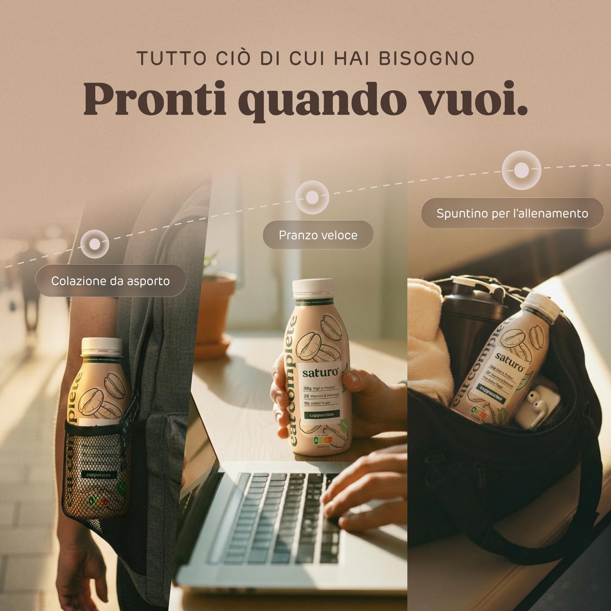 Saturo Pasto Sostitutivo Frullato Gusto Cappuccino | 36 g di proteine & senza zucchero | 400 kcal | Vegano | Pasto Bevibile con Nutrienti Essenziali | 6 x 400 ml