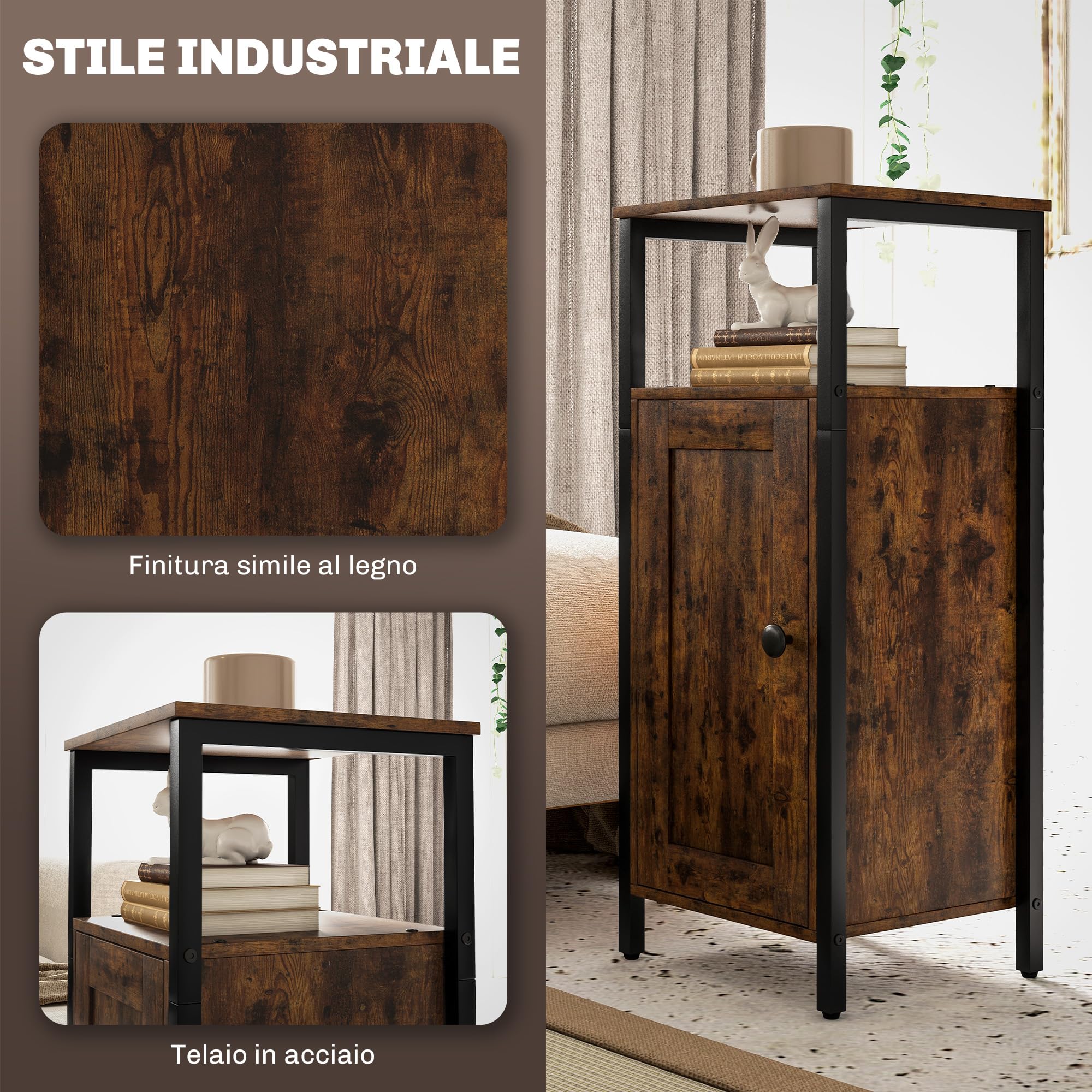 HOMCOM Table d'appoint étroite avec armoire 34x30x80cm Brun rustique
