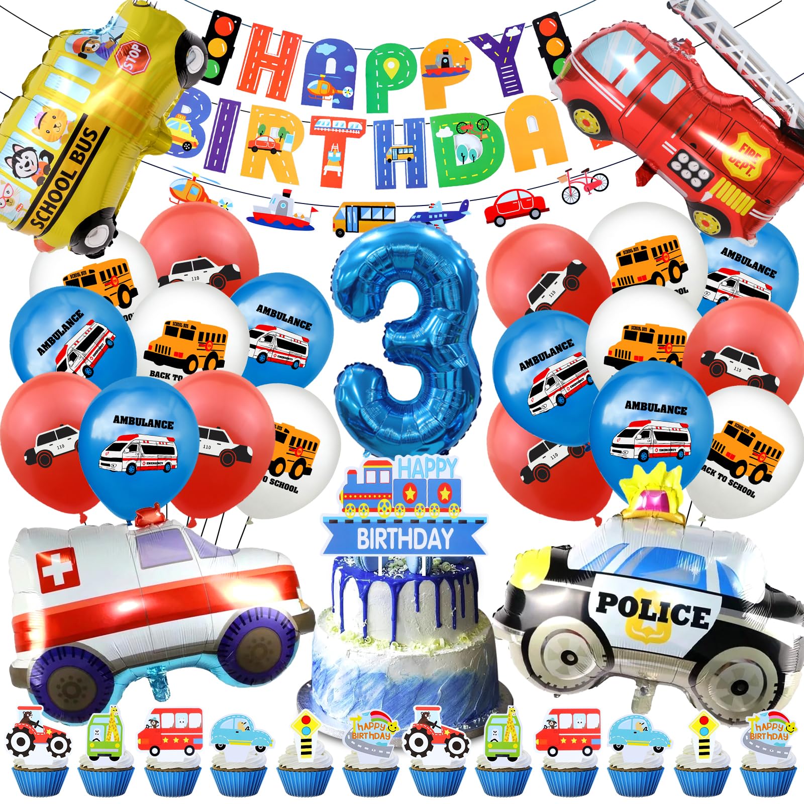 Kit Compleanno A Tema Camion – 48 Pezzi Con Palloncini, Striscione, Cake Topper – Decorazioni Per Feste Bambini