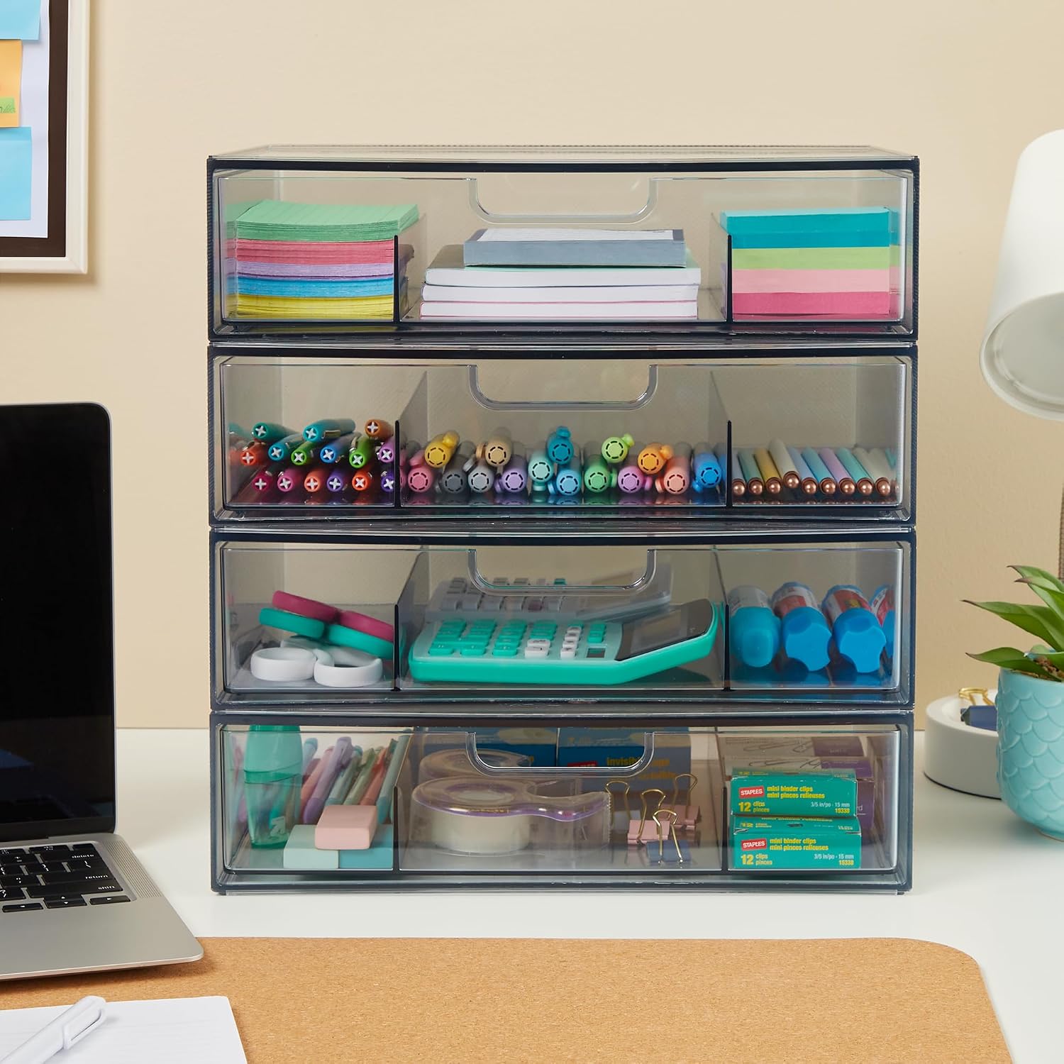 STORi STAX Plastic Stackable Divided 3-Compartment Organizer Drawer in Classic Grey | 12.5-inches Wide | Organize Office Desk Accessories and Sort Letter-Size Paper | Made in USA