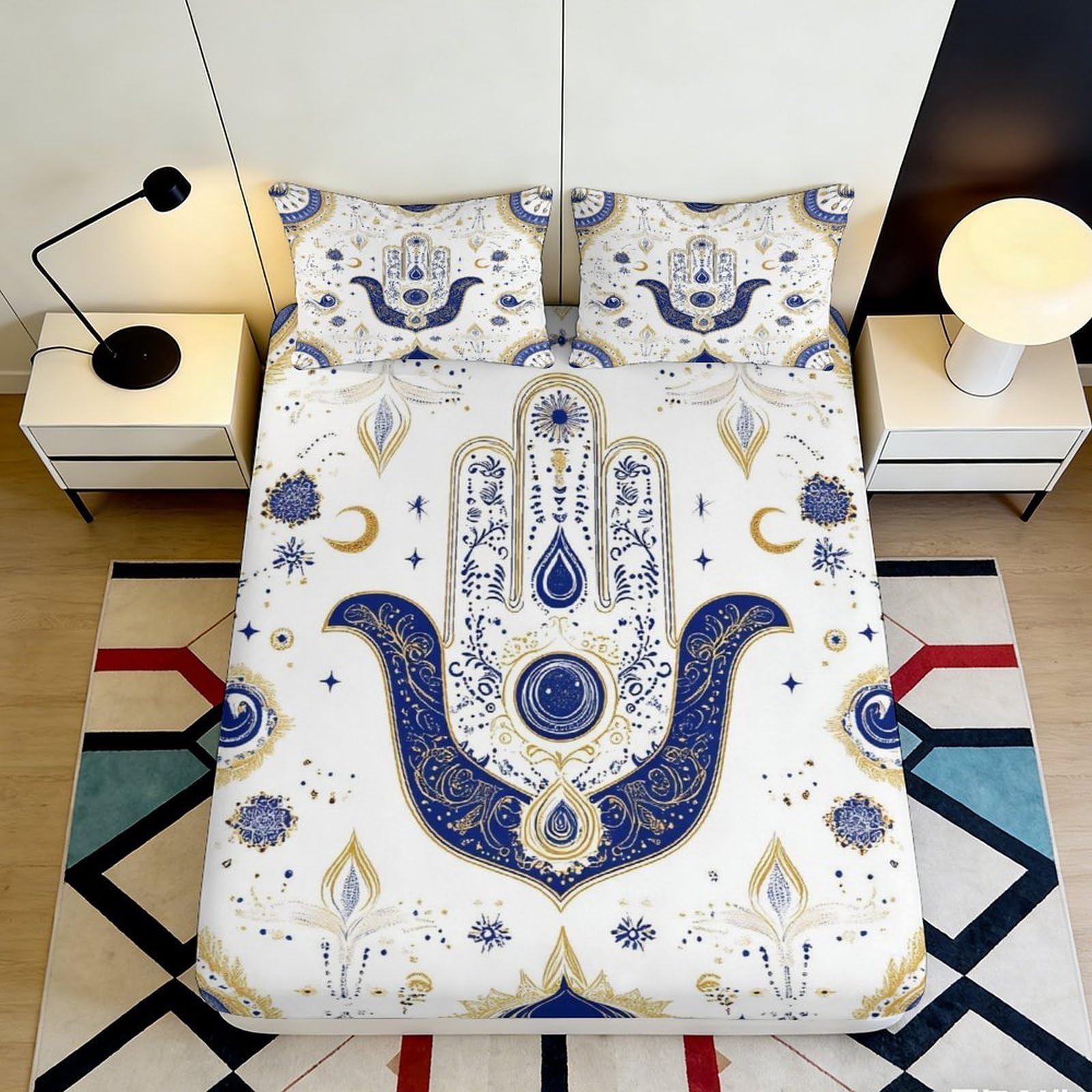 3D Printed Hamsa Hand Fitted Sheet Microfiber Blue Gold Mandala Bed Cover Anti-Slip Machine Washable Decor for Bedroom Guest Room 90x200x25cm