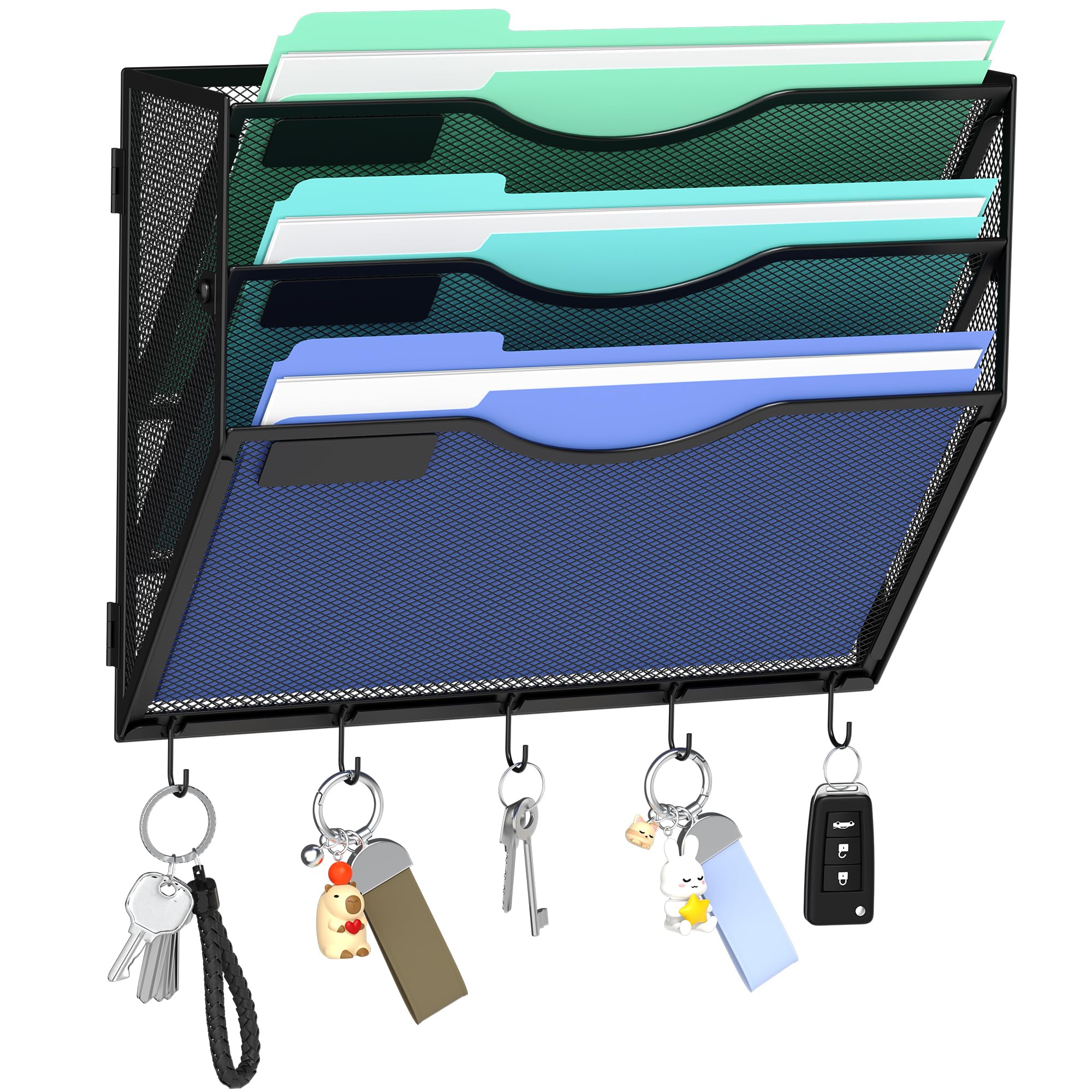 Gawerk Hängender Wandordner mit 5 Haken – Wandmontierter Briefpapier-Dokumentenmappen-Halter, stabiles Netz-Zeitschriftenregal für Büro und Zuhause (3 Ebenen)