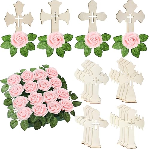 Miniatura 8 de 16 juegos de cruz de madera católica de pie con base 16 piezas de flores artificiales blancas con tallos para bautismo primera comunión mesa de boda