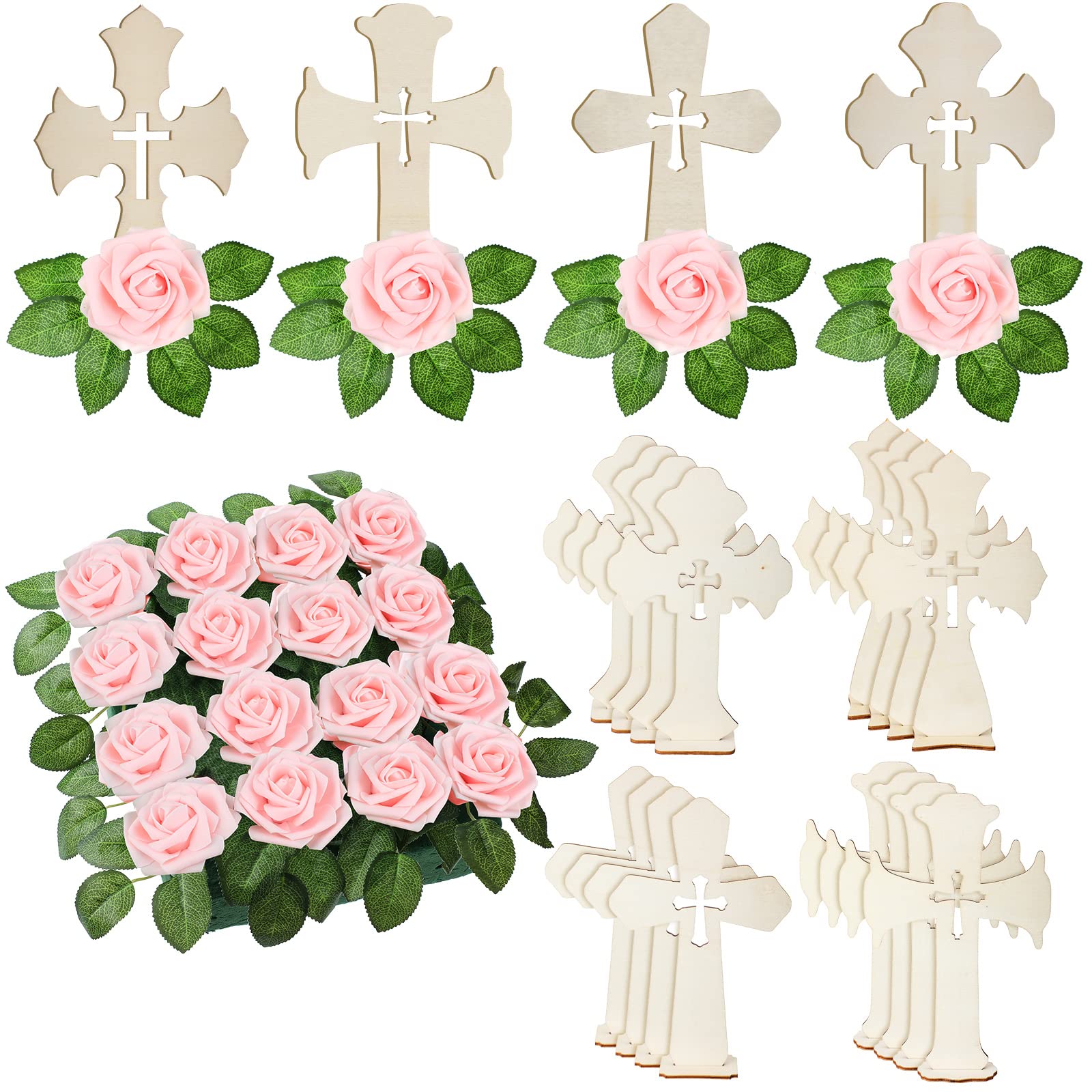 Weysat 16 Sets Wooden Crosses for Crafts Baptism Centerpieces for Tables Standing Wooden Cross with Base and Artificial Flowers Fake Roses First Communion Centerpieces for Wedding Home Decor(Pink)