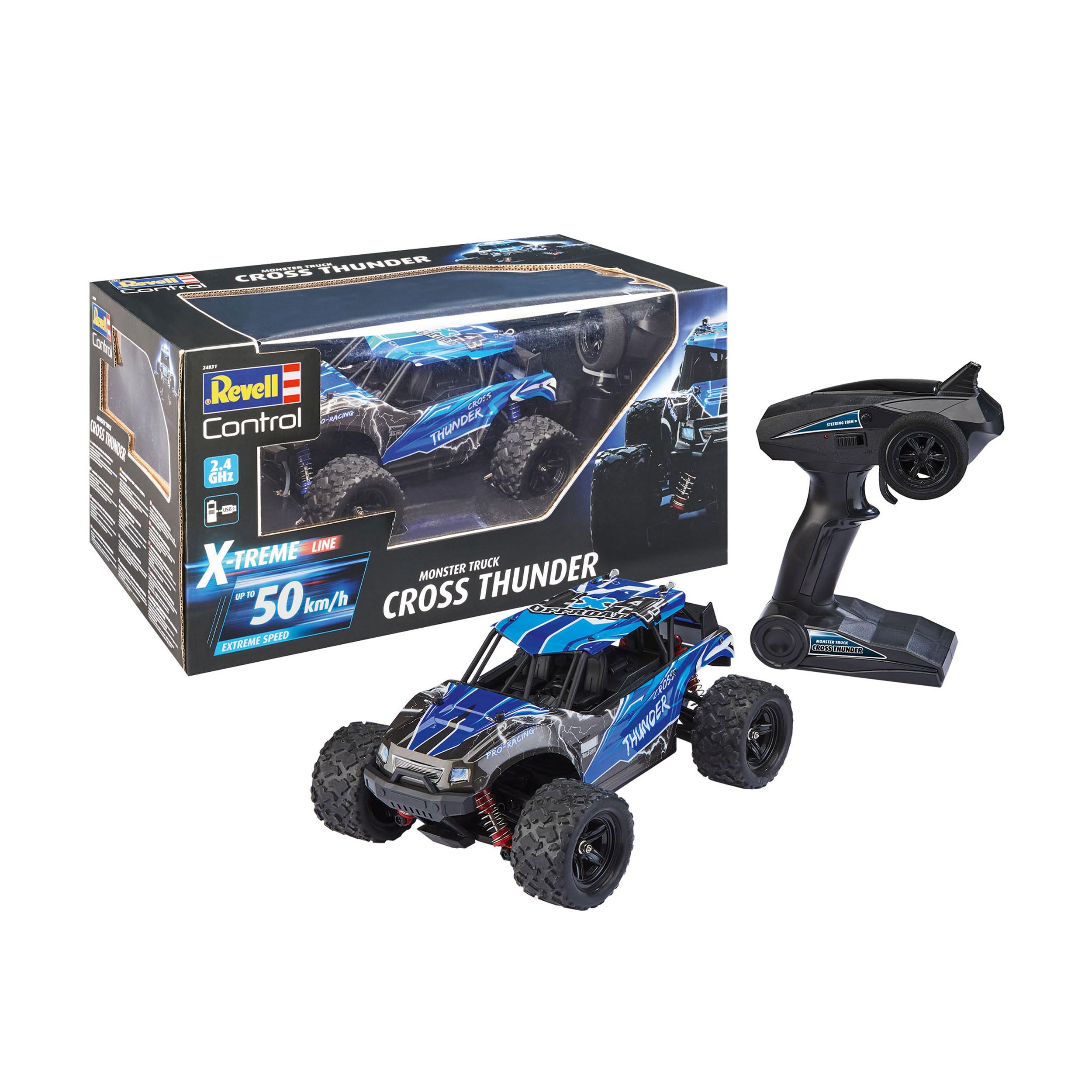 Revell Control X-TREME Monster Truck "Cross Thunder" I RC truggy w skali 1:18, napęd na wszystkie koła i opony buldoga, prędkość do 50 km/h, z akumulatorem litowo-jonowym, czas jazdy 20 minut, kolor