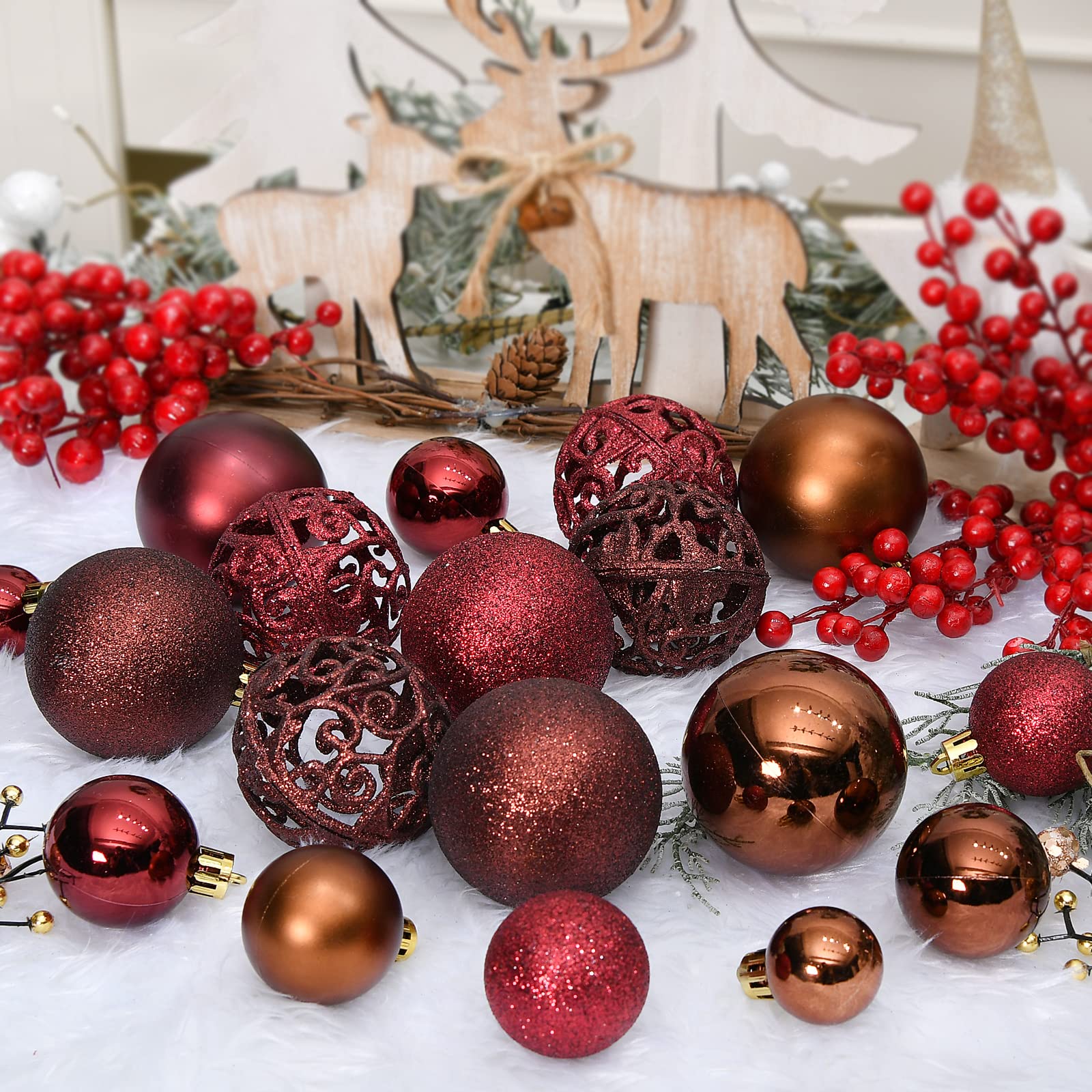 Set 52 Palline Di Natale Rosso - Decorazioni Infrangibili Per Albero, Diametro 8 Cm, Con Gancio Sospensione, Ideale Per Interni E Addobbi Festivi