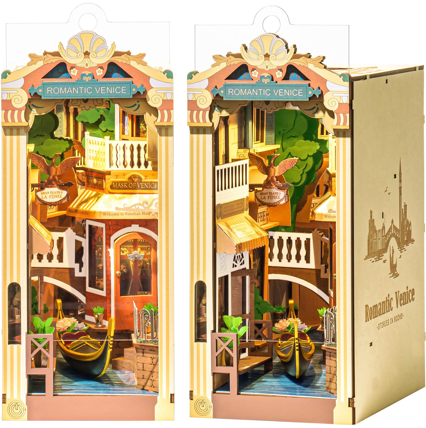 ROBOTIME Boekhoeksets voor volwassenen, romantisch Venetië met stofhoes, Booknook DIY miniatuur huisset, 3D houten puzzel, boekensteun, boekenplank, decoratie, geschenken