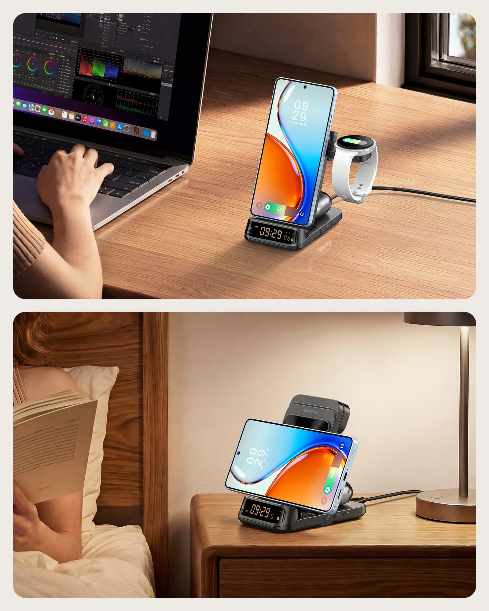 SwanScout Induktive Ladestation für Samsung Galaxy S26 Ultra/S26+/S26/S25/S24/S23/S22/S21, für Galaxy Watch Ultra/8/8 Classic/Ultra/7/6/5/4, für Galaxy Buds4 Pro, SwanScout 708S (Ohne Adapter) | für Galaxy S26 Ultra/S26+/S25/S24/S23/S22/S21, Galaxy Watch