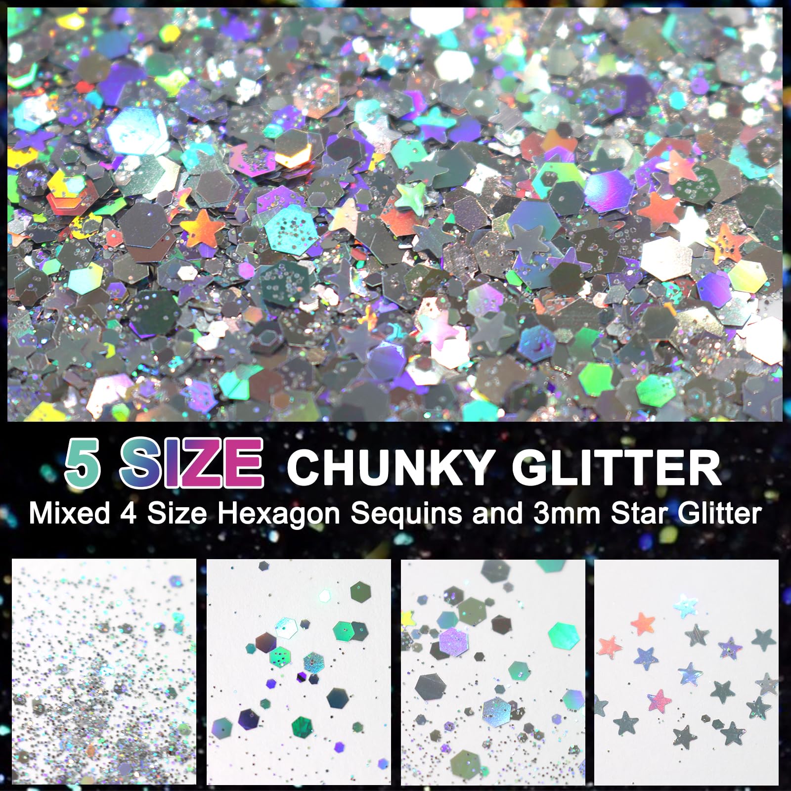 Matio Holographic Chunky Glitter,12 Colors Assorted Craft Glitter Mixed 3mm Stars Glitter Shape Fine Glitter Powder,Bulk Chunky Nail Glitter Flake Sequin for Resin,Body Nail Art,Slime Tumbler Festival