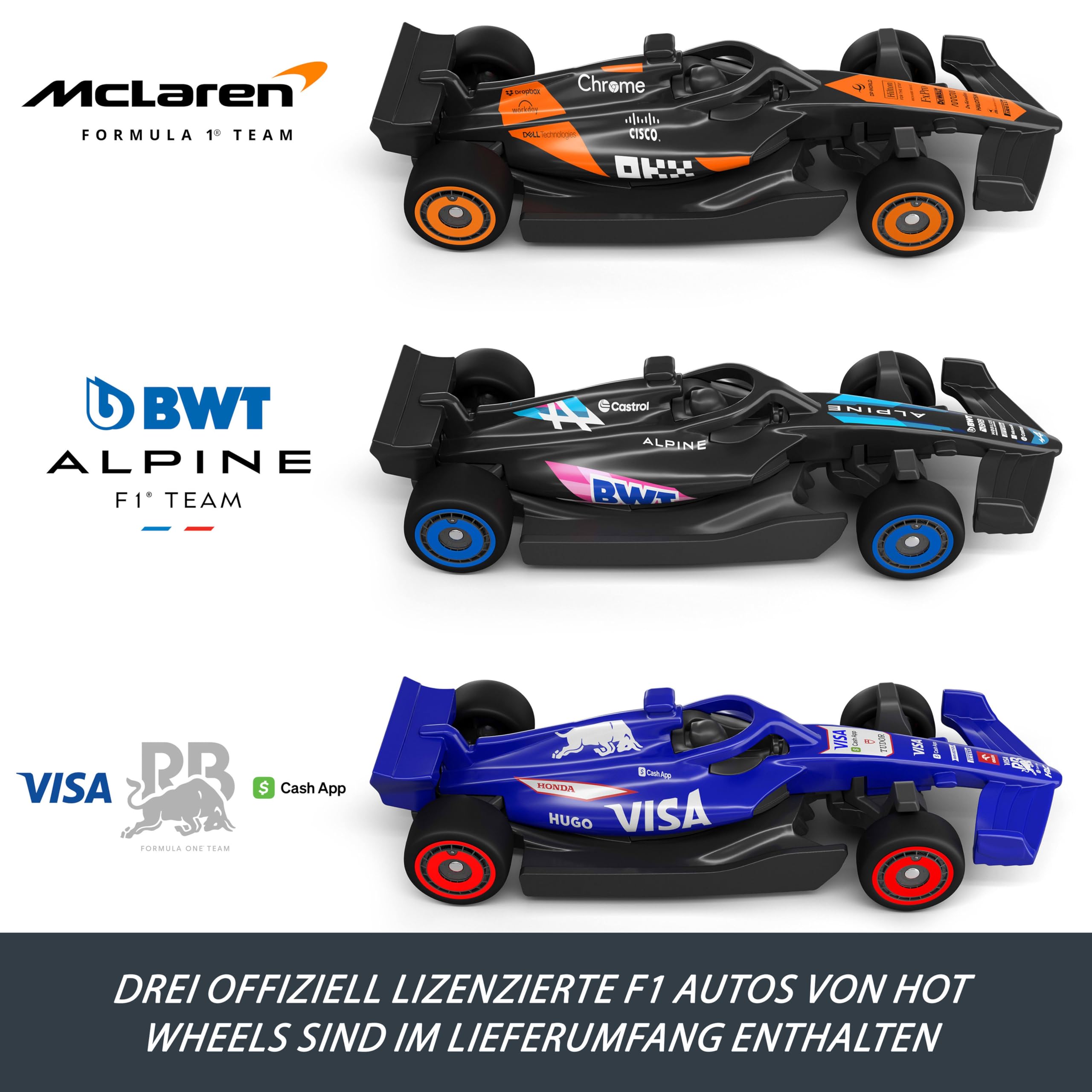 Hot Wheels Spielzeugauto-Trackset, 3 Formel 1 Die-Cast-Fahrzeuge im Maßstab 1:64: McLaren F1 Team, Alpine und VCARB, Rennstrecke für Seite-an-Seite-Wettrennen, JDY15