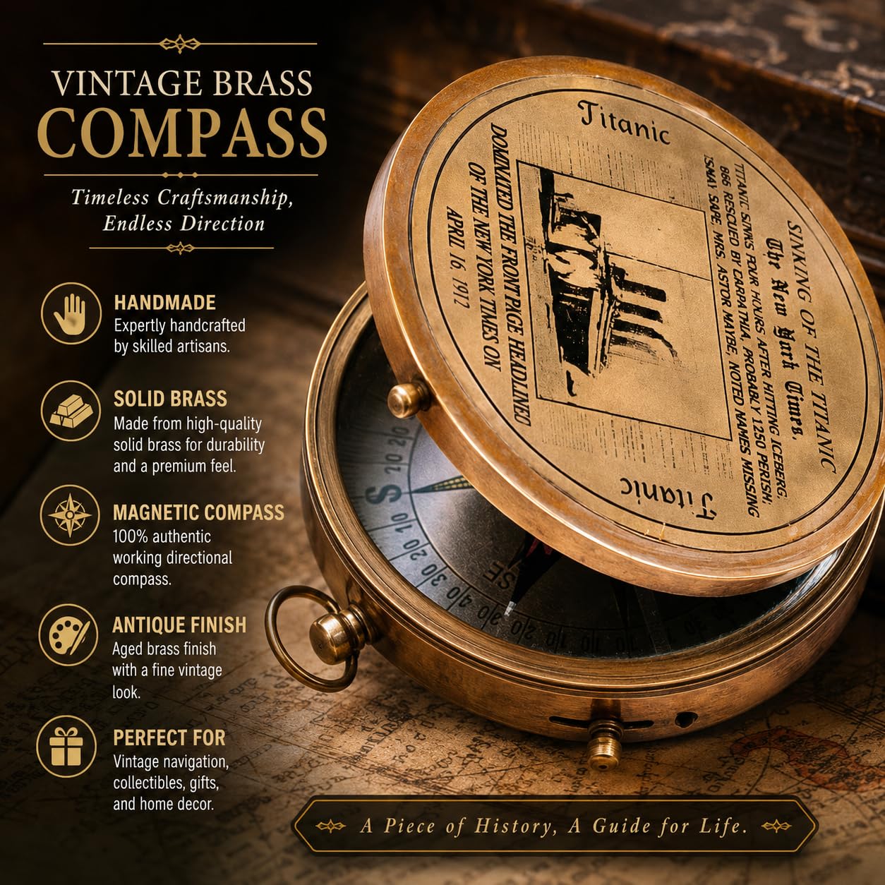 Vintage Antique Brass Compass Engraving Titanic lid Compass Boat
