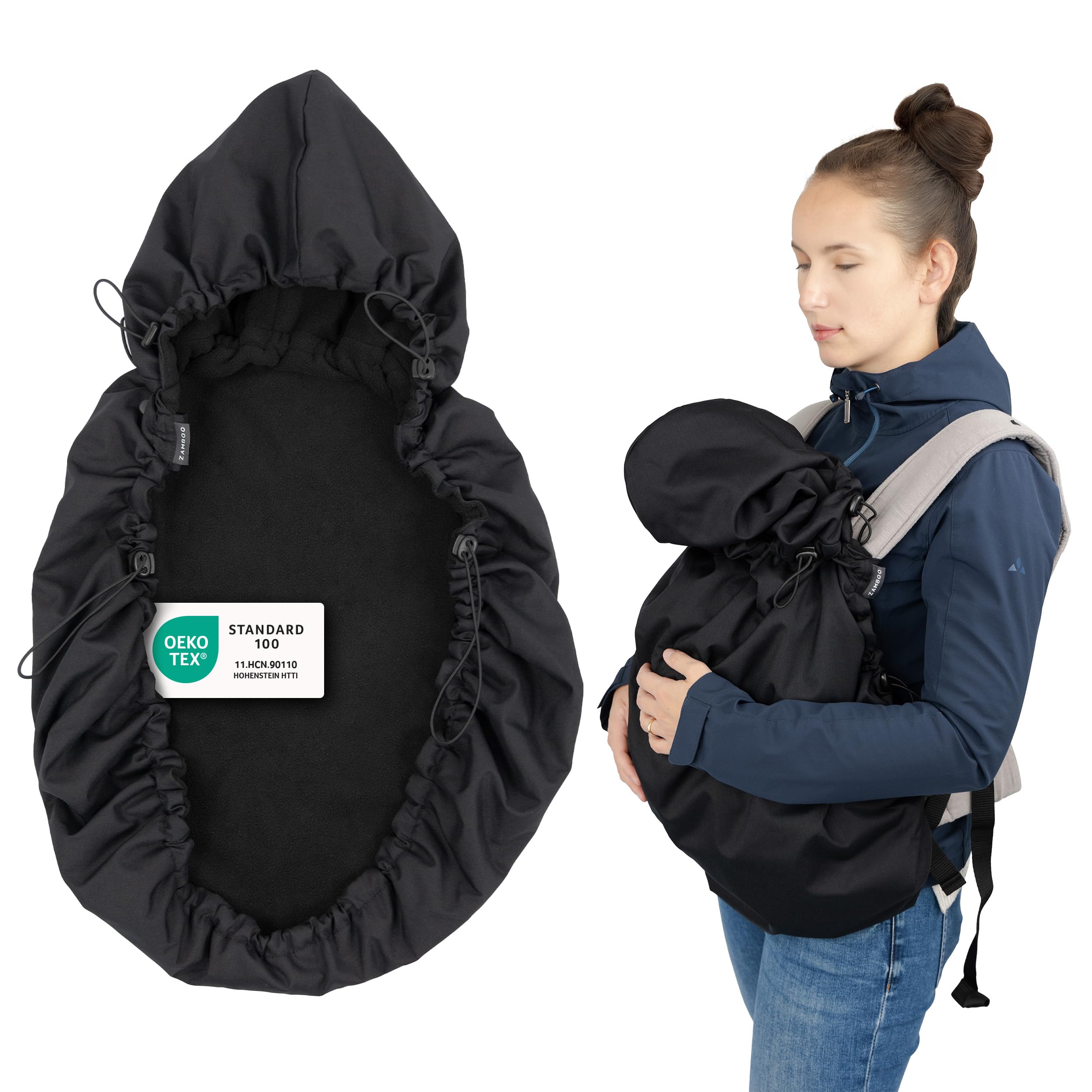 Zamboo Universal Babytrage Cover | Warmer Fleece Wetterschutz für viele Bauchtragen, kompatibel mit Ergobaby, Manduca, Ruckeli uvm. | OEKO-TEX Standard 100 zertifiziert - Schwarz