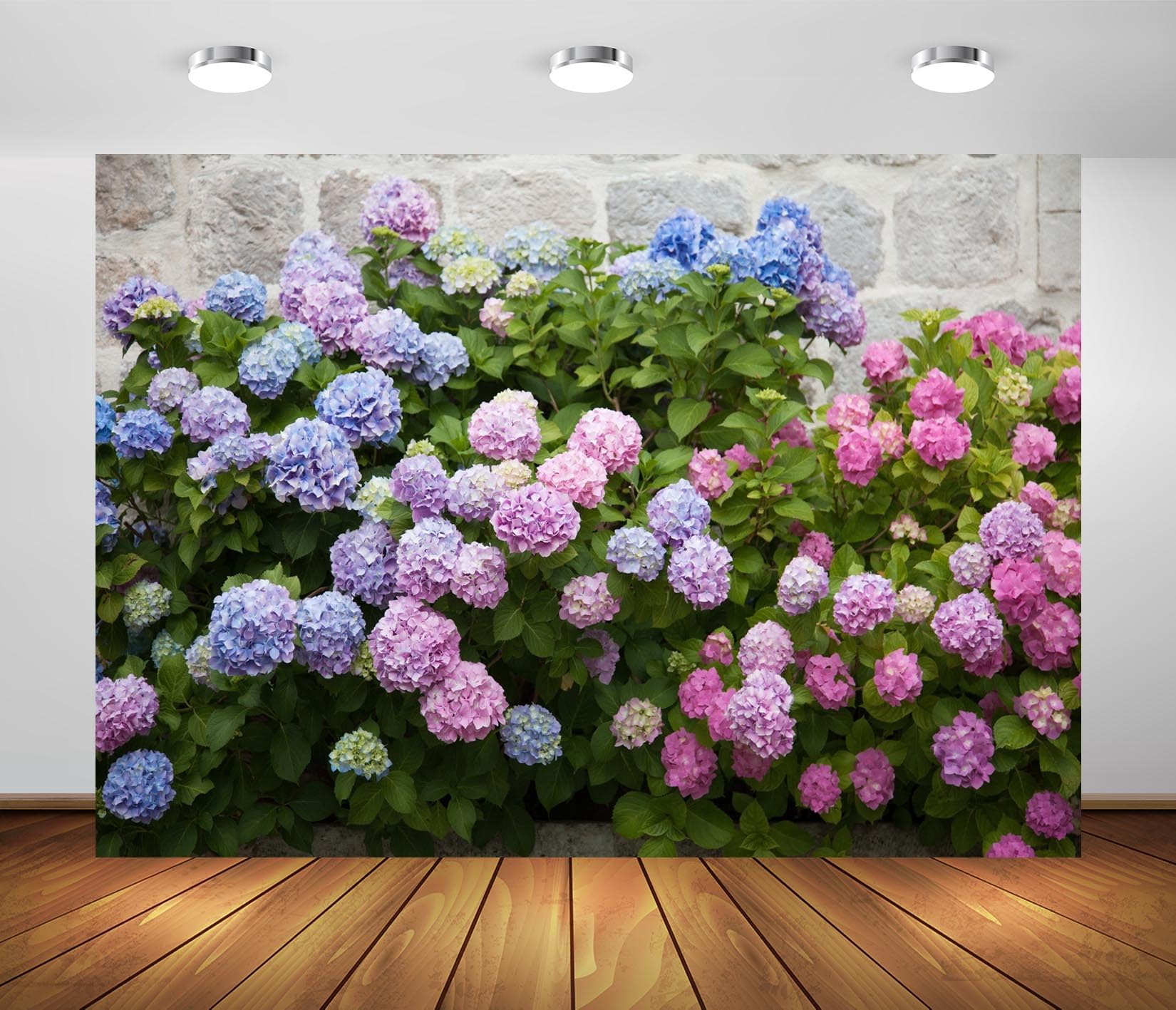 BELECO 8x6ft Fabric Hydrangeas Garden Backdrop Colorful Blooming Flowers Against Brick Wall Springtime Background Romantic Wedding Birthday Party