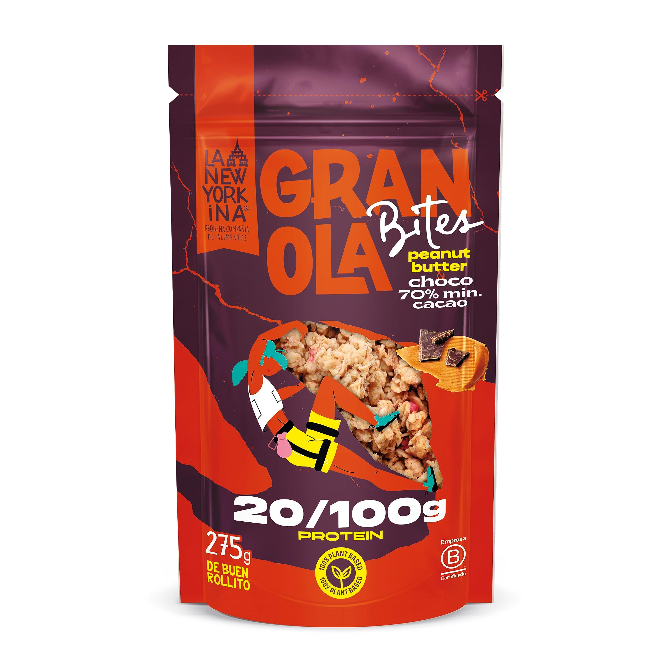 LA NEWYORKINA BITES Granola Peanut Butter Chocolate con avena y crema de cacahuete. Con mucho chocolate, casi el 22% del envase es chocolate con un mínimo del 70% de cacao. 275gr