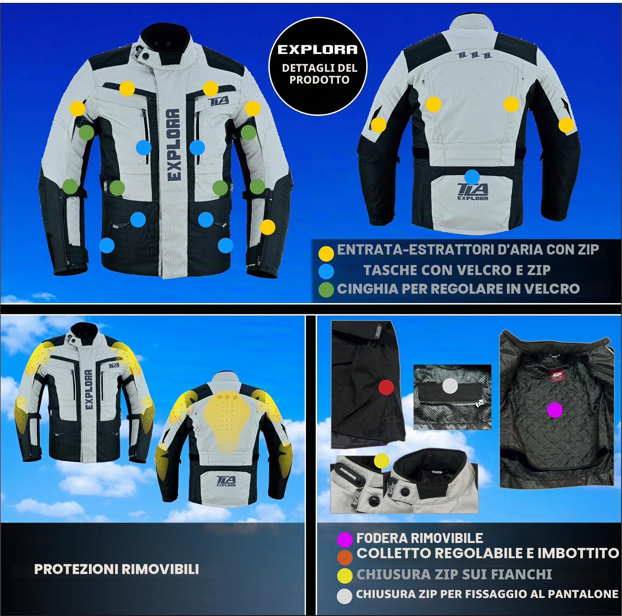 TLA EXPLORA Giacca Moto con Protezioni a 2 Strati, 4 Stagioni | imbottitura staccabile, traspirante, Taglie sino 7XL unisex per Uomo e Donna, Giubbotto moto enduro, quad, atv, motoslitta.
