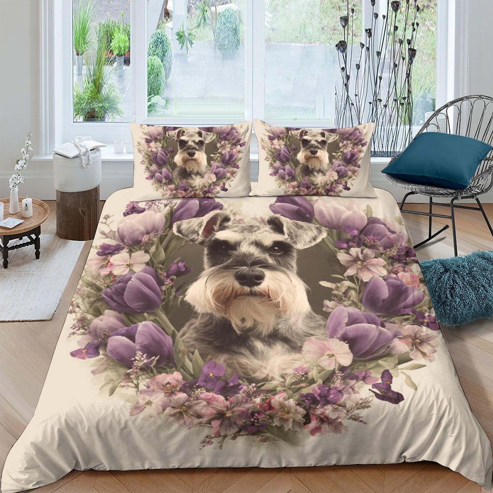 Ctjqhvkz Style-8 3D Printed Schnauzer Floral Fitted Sheet Microfiber Soft Breathable Dog Bed Cover For Bedroom Guest Room Decor Single（135X200cm）