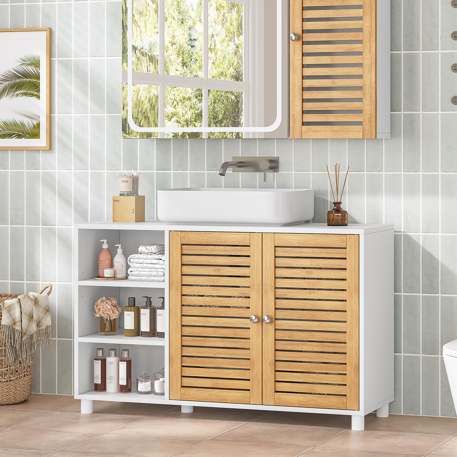 Armadio per lavabo, mobiletto da bagno con 2 ante in bambù, 3 scomparti aperti, ripiani regolabili in altezza, mobiletto per lavabo, extra lungo 30 x 90 x 60 cm