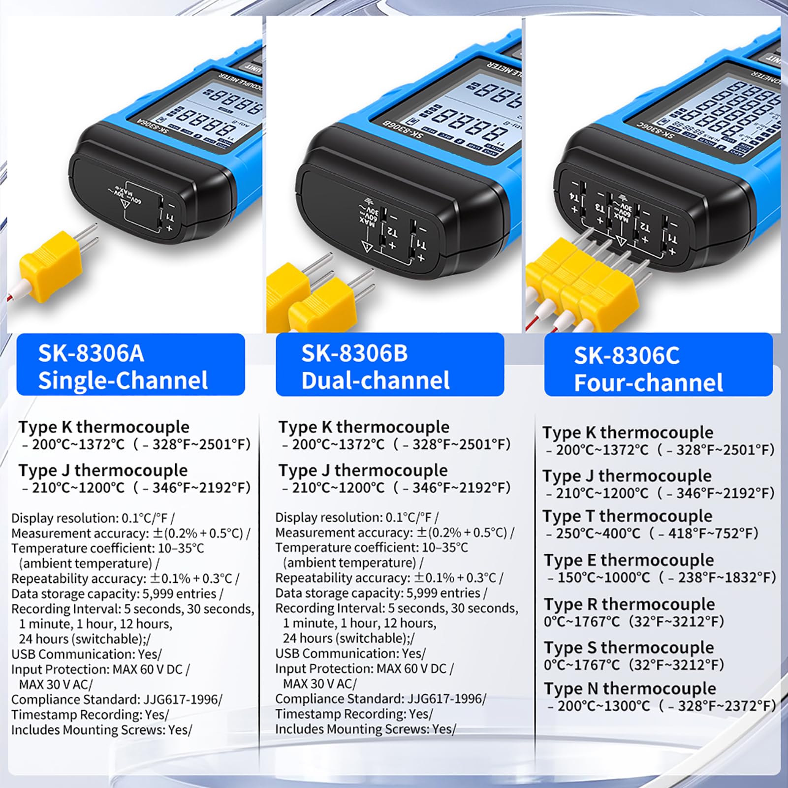 Karlak Termómetro Termopar Digital Medidor de Temperatura Medidor de Temperatura Doble Canal Tipo K J Alta 5999 Almacenamiento Datos Batería Recargable U (SK-8306A Monocanal)
