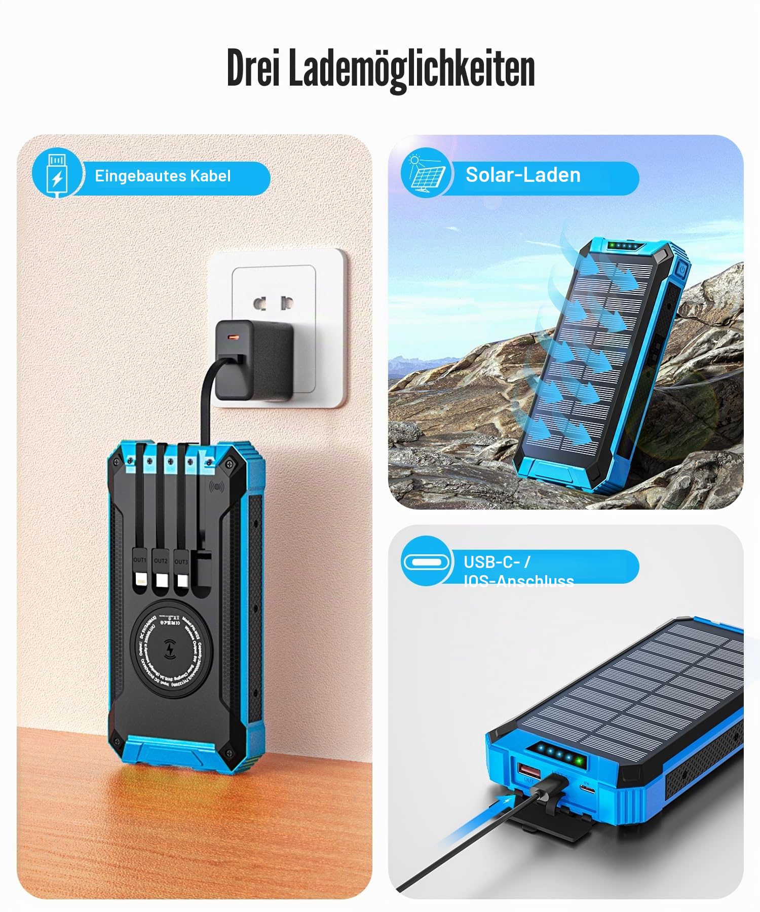 Wireless Solar Powerbank 26800mAh mit 4 Kabel, 15W Schnellladung für Handy