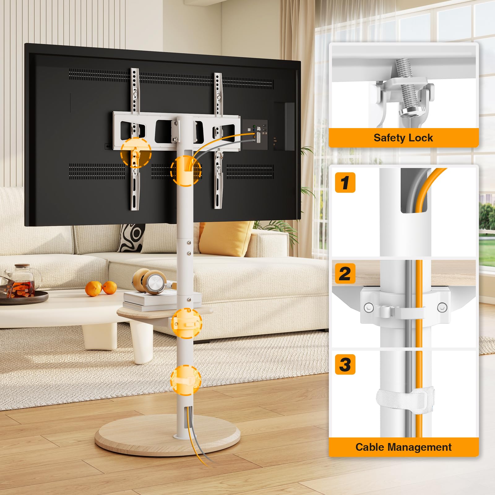 RFIVER Support TV sur Pied avec Roues Cachées pour TVs de 32 à 65 Pouces Support TV roulettes Blanc Réglable en Hauteur et Inclinaison Porte jusqu'à 40 kg VESA Max 400x400mm