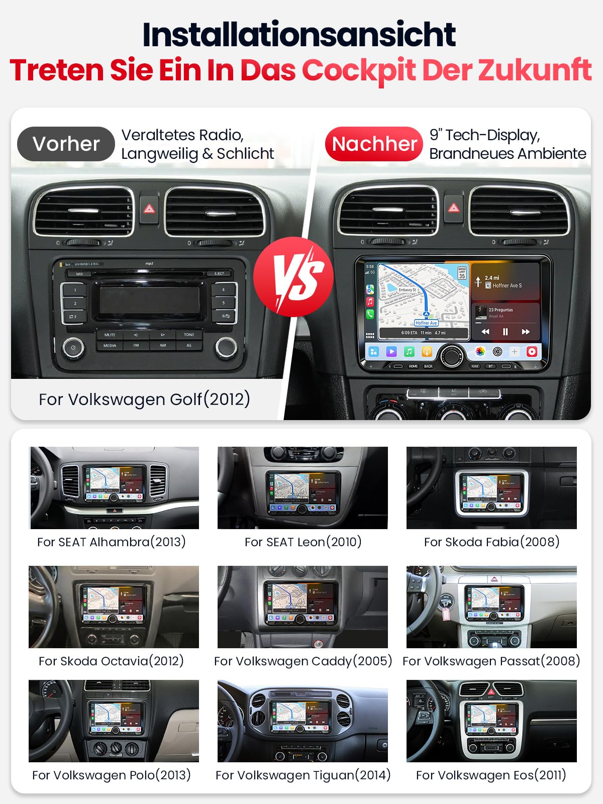 9" Doppel DIN Bluetooth Autoradio mit Bildschirm für VW Golf 5 6 T5 Polo 6R Caddy Passat Touran, Skoda, SEAT, Wireless CarPlay Android Auto Mirrorlink, Auto Radio, 4+64GB, WLAN DAB+ FM/AM GPS