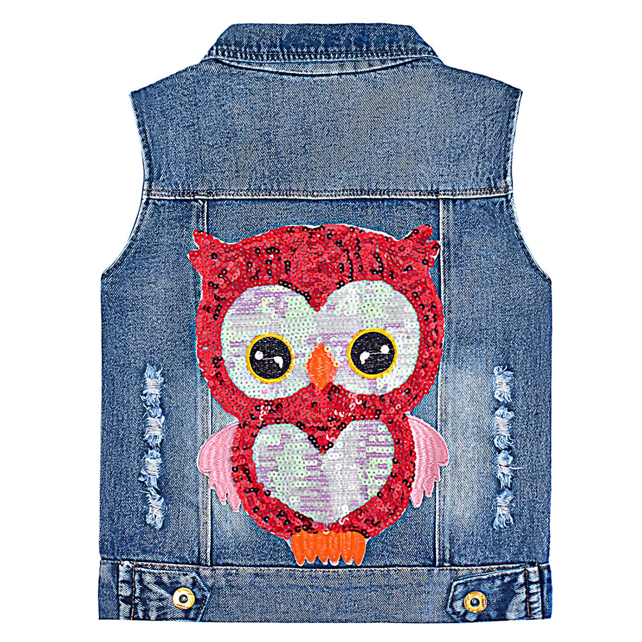 Yao Little Girls Denim Vest Printemps Automne Paillettes Owl Vest Coat