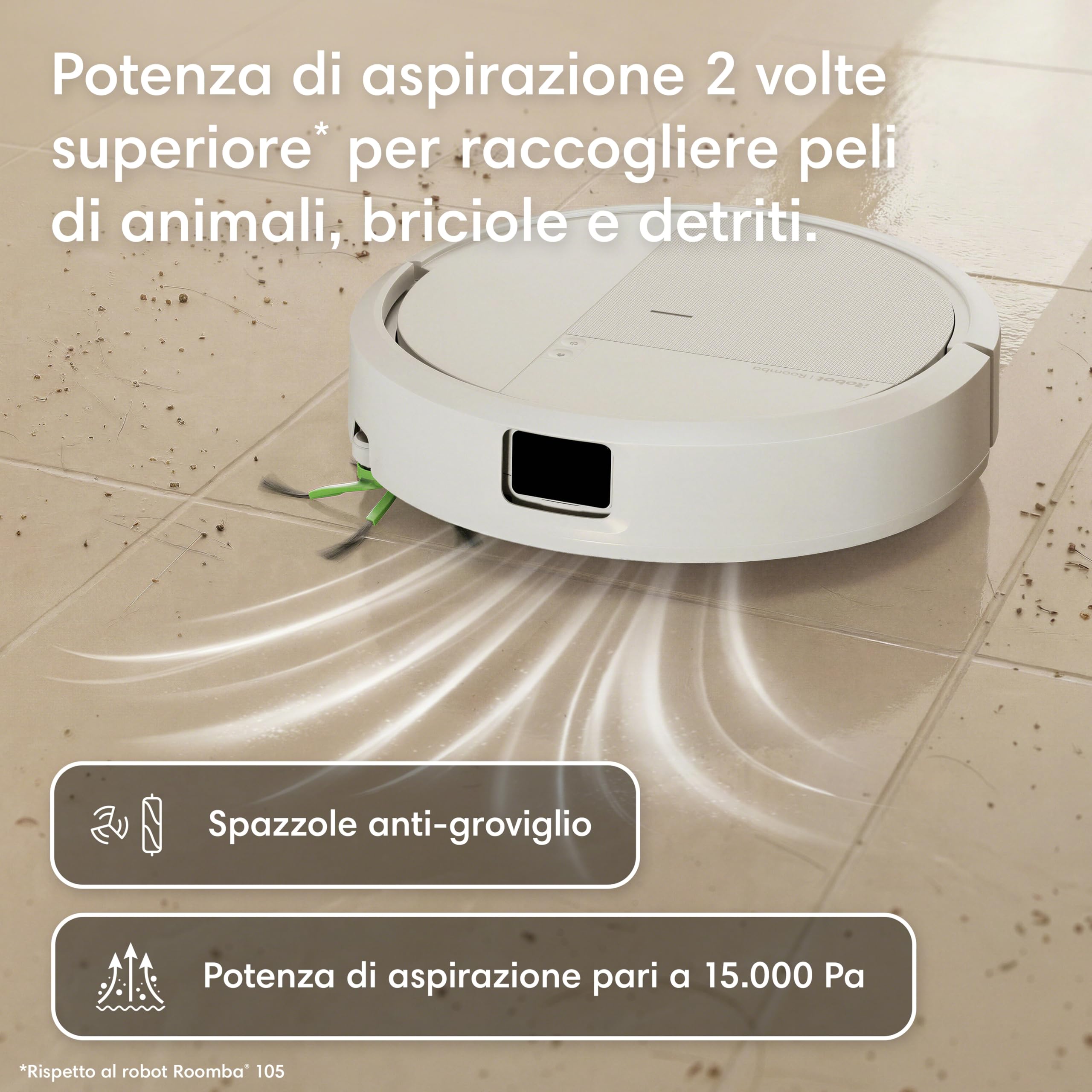 iRobot Roomba® 115 Combo Robot Aspirapolvere Lavapavimenti, 15.000 Pa, Aspirazione e Lavaggio 2 in 1, Mappatura ClearView™ LiDAR, SmartScrub™, Controllo App e Vocale, Bianco