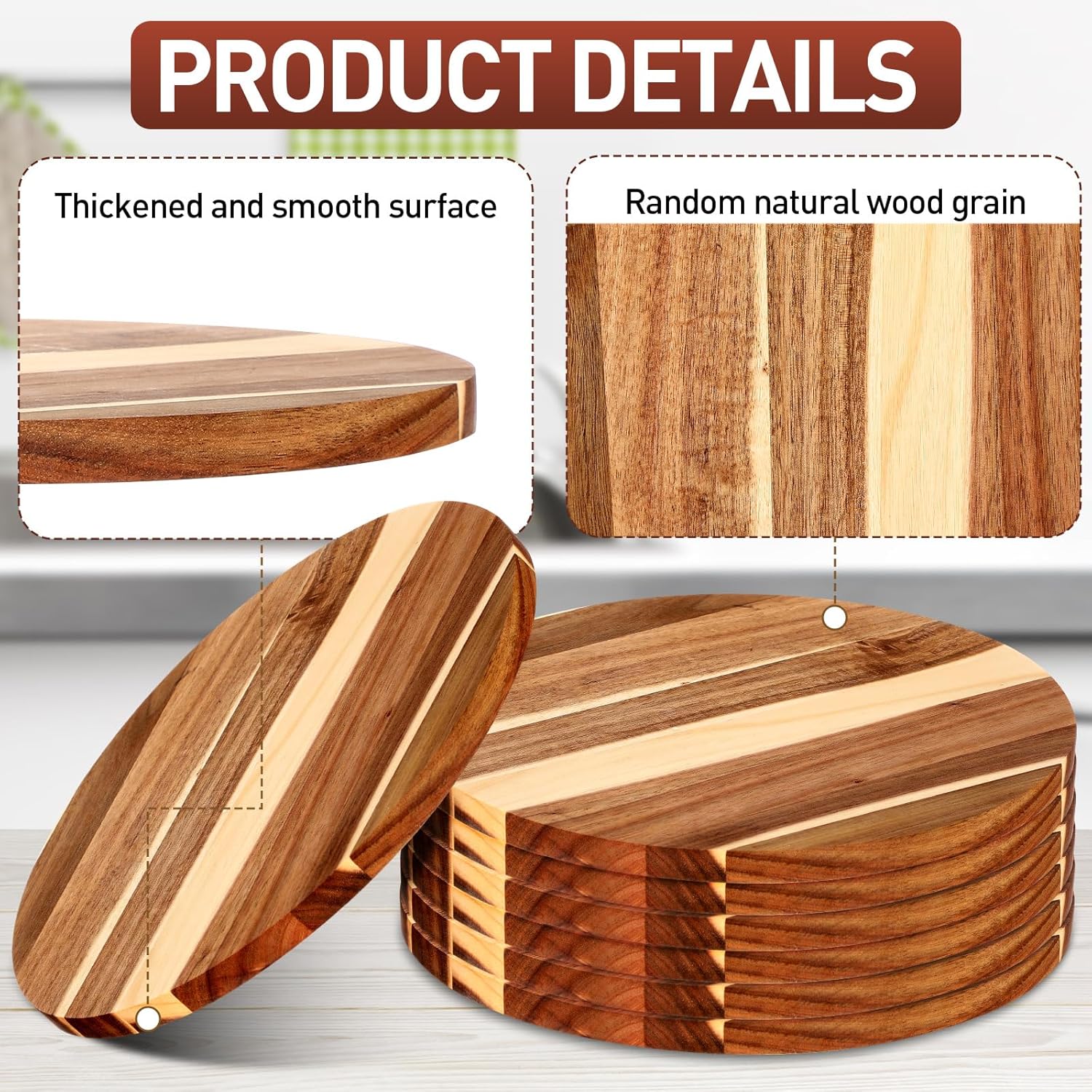 Patelai 6 Pack 12" Acacia Wooden Round Cutting Boards Bulk 0.6 Inch Thick Round Charcuterie Board Smooth Surface Multipurpose Chopping Serving Tray for Pizza Fruit Vegetables Bread