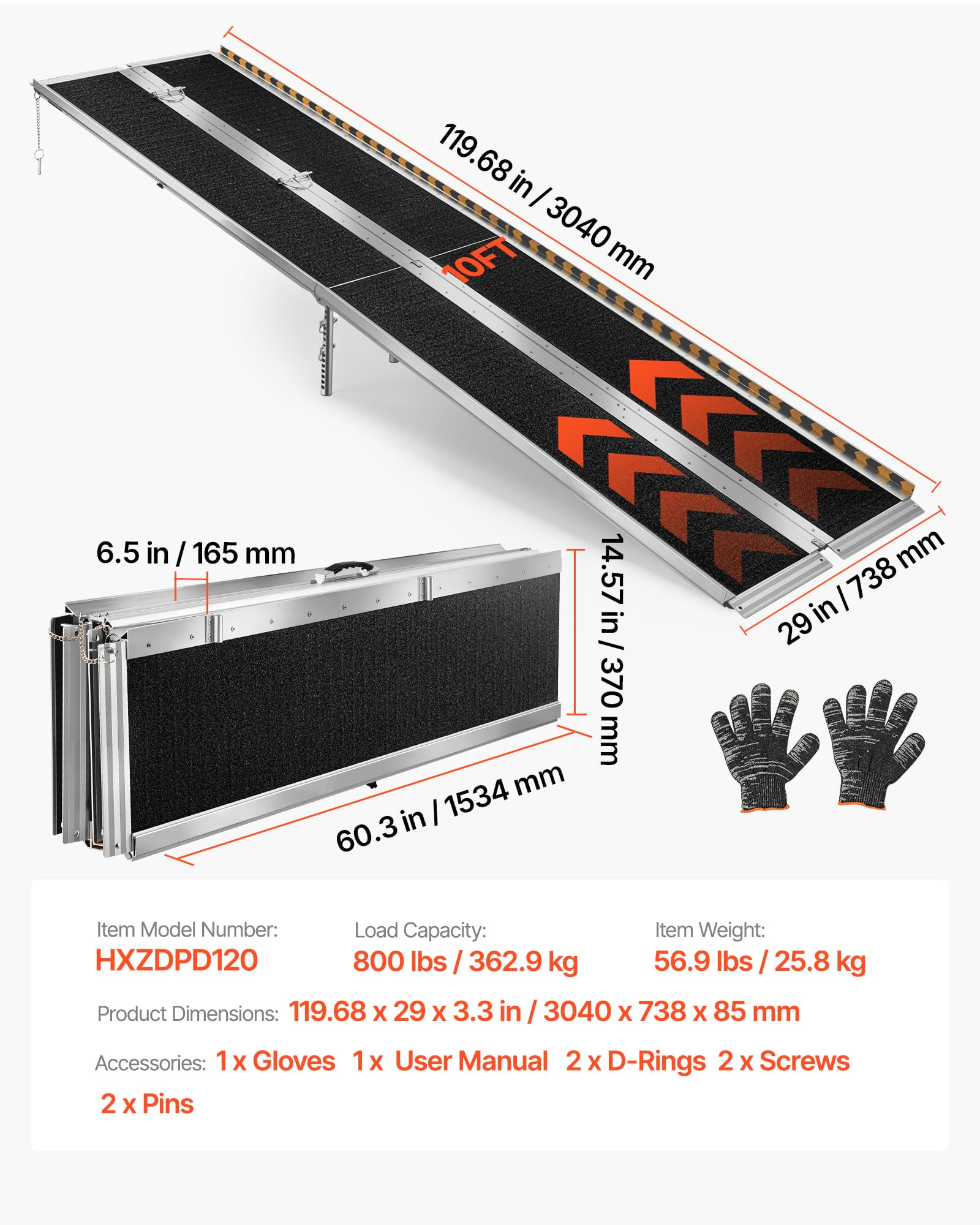 VEVOR Składana rampa najazdowa do wózków inwalidzkich, 304,5 cm, wytrzymała aluminiowa rampa, antypoślizgowa powierzchnia, maksymalne obciążenie 363 kg, do schodów, schodów, wejść, drzwi, salonów