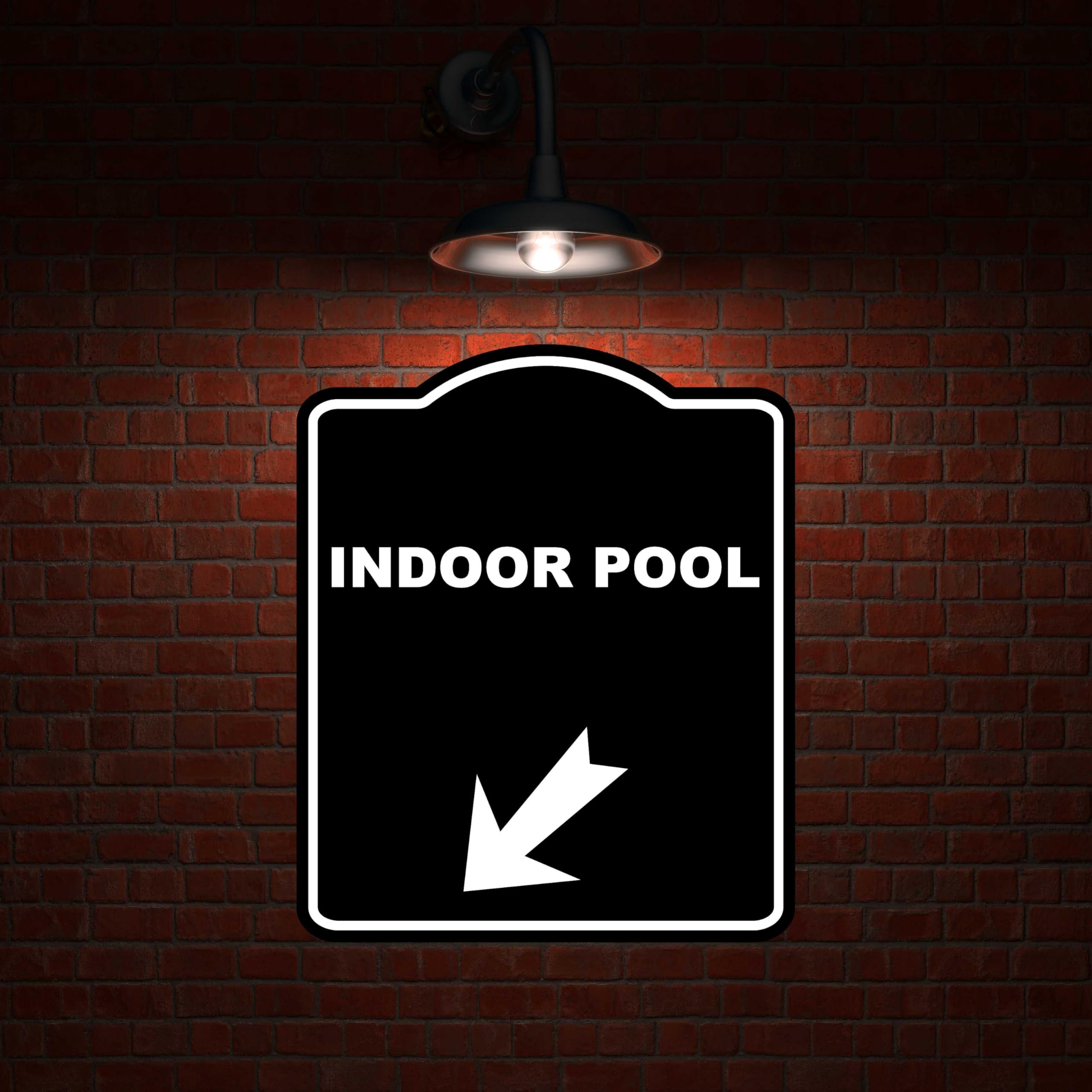 INDOOR POOL Black Sign Arrow Down Left Aluminum Composite Sign 20 x 24 inches