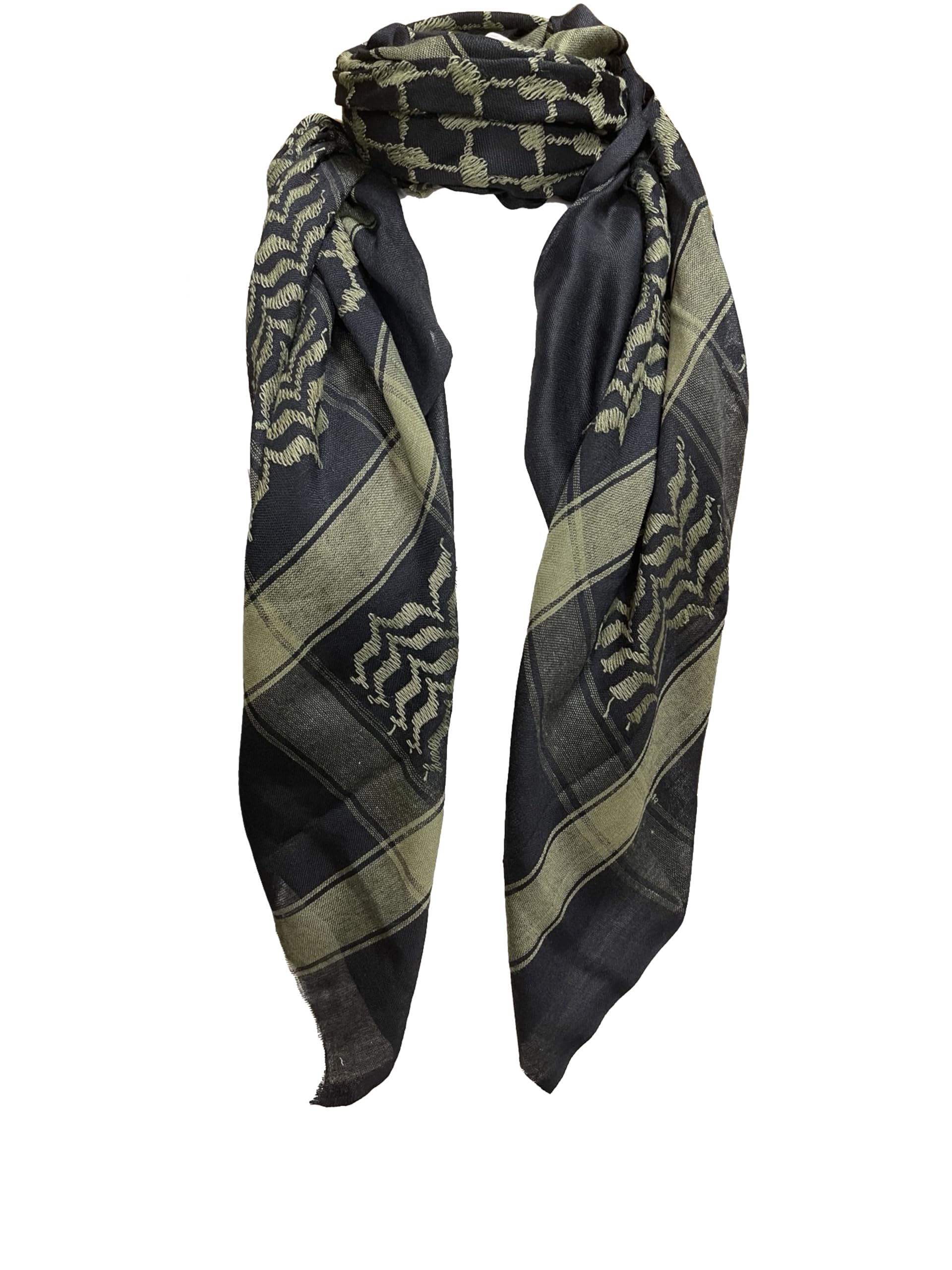 World of Shawls Scarf Military Shemagh Desert Palestinian Arafat Tactical Desert Keffiyeh Head Neck Arab Wrap Without Tassel (Olive Green & Black)