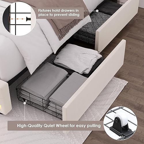 Miniatura 7 de HIFIT Base de cama LED tamaño Queen con estación de carga y 4 cajones de almacenamiento, cama plataforma tapizada en terciopelo con cabecera tipo