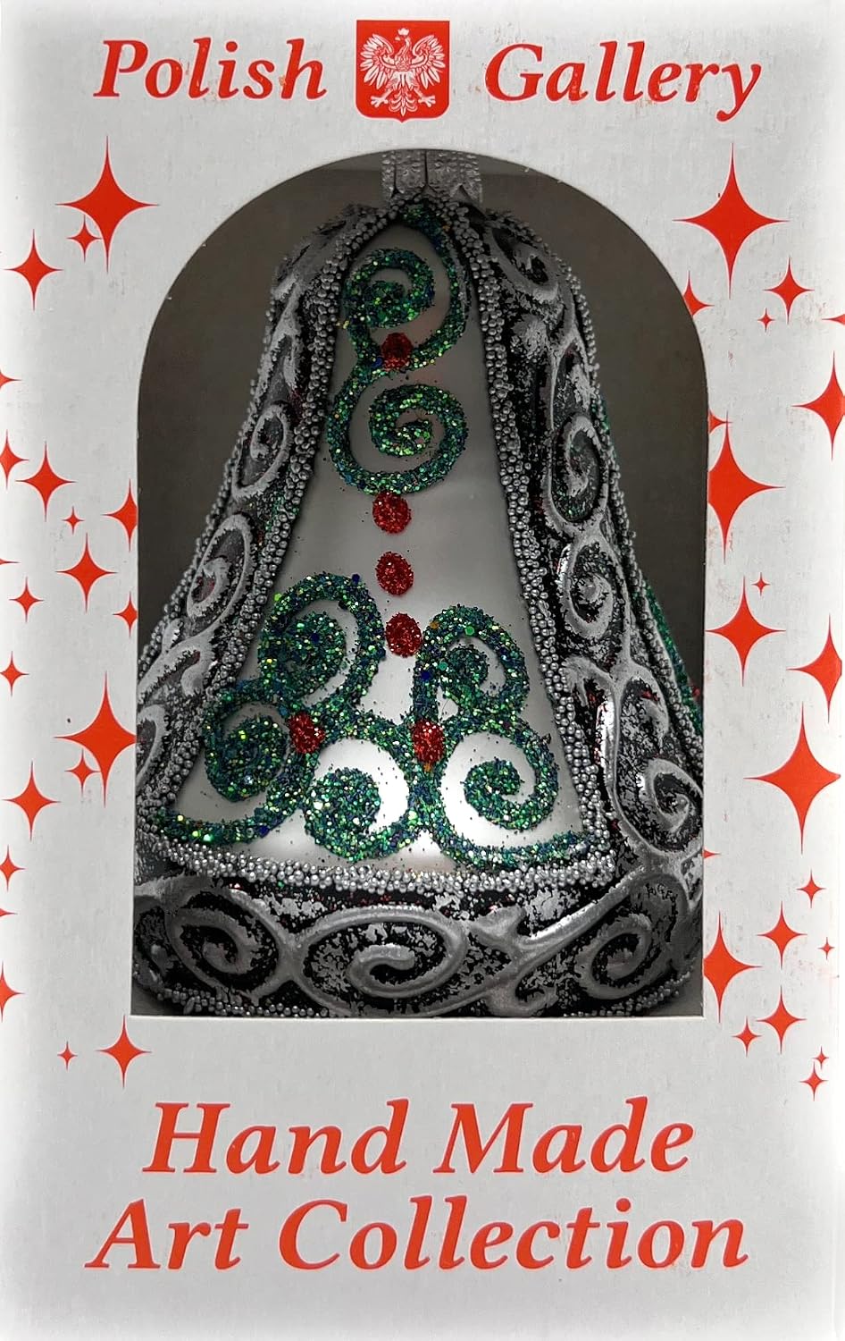 Christmas Bell Ornament 4-Inch Blown Glass (Silver Embellished)