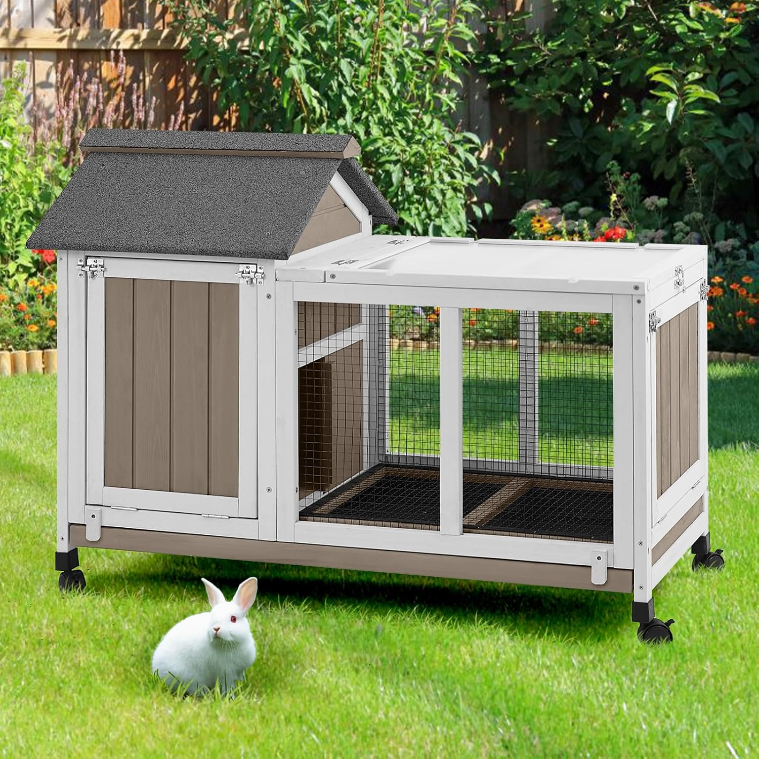 38''L Small Rabbit Hutch Outdoor Indoor with Wheels, Wooden Expandable 2 Story Bunny House Rabbit Cage with Run, Waterproof Roof, Pull Out Tray, Guinea Pig Cage Chicken Coop for Small to Medium Pets