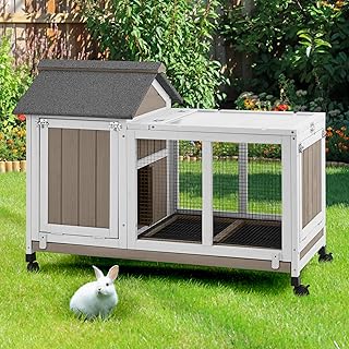 Conejera de 38 pulgadas de largo para interiores y exteriores con ruedas, de madera expandible de 2 pisos con carrera, techo impermeable, bandeja extraíble, jaula de conejillo de indias, gallinero