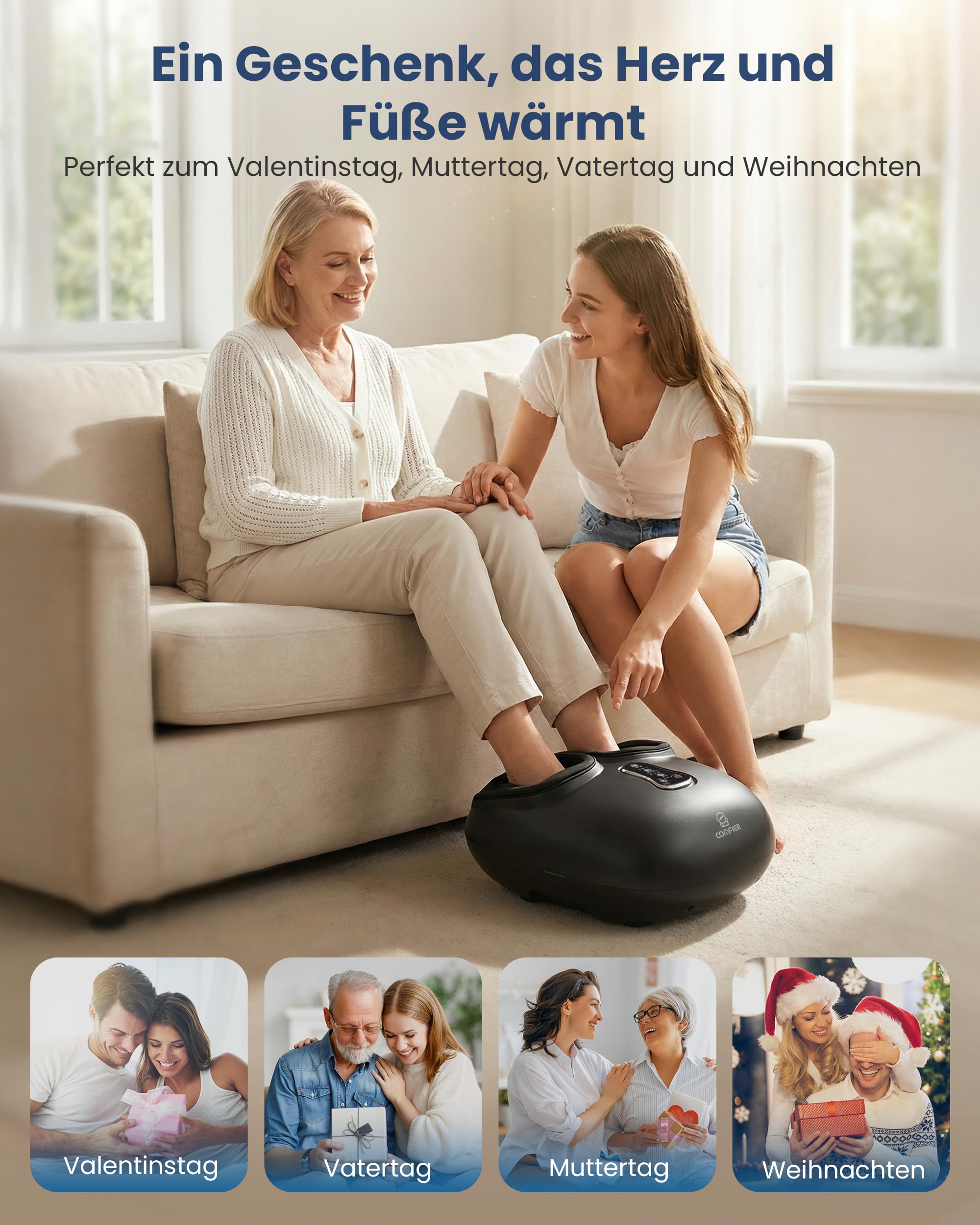 COMFIER Fußmassagegerät, Shiatsu Fussmassagegerät Elektrisch | 3D Kneten, Rollen und Luftkompression, Vibration, 3 Wärmestufen, passend bis Schuhgröße EU 47, Geschenk für Frauen und Männer
