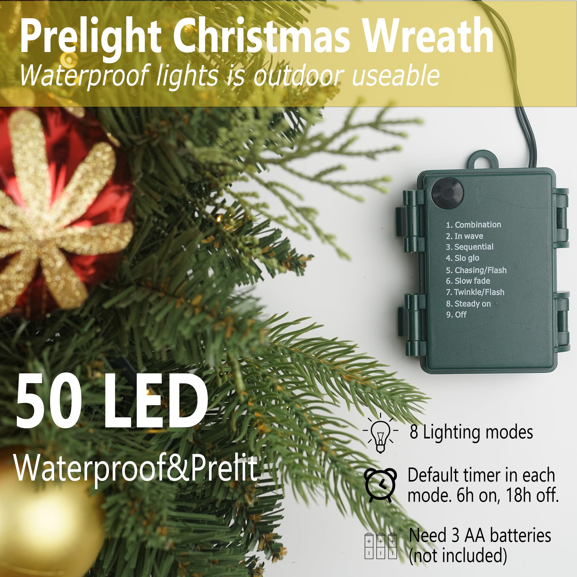 Weihnachtskranz Vorbeleuchtet 61.0 cm mit 50 Licht & Rotgold Kugel Tannenzapfen, Künstliche Weihnachtskränze für Haustür mit Lichtern, Kranz für Weihnachtsdekoration, Tür, Fenster, Wand, Grün