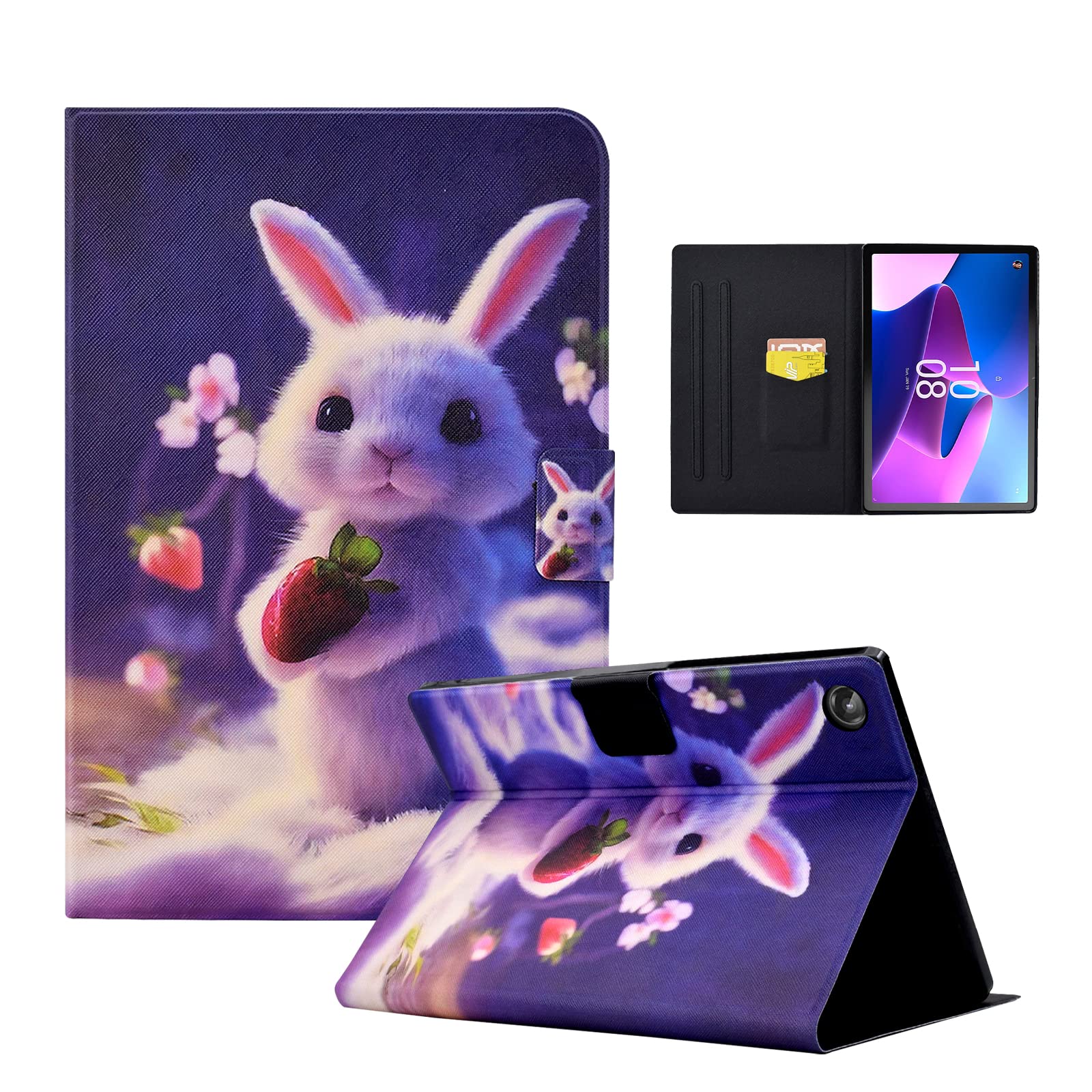 CXTCASE Hülle für Lenovo Tab M10 (3rd Gen) 10,1 Zoll 2022 TB328, Schutzhülle Cover Case mit Standfunktion für Lenovo Tab M10 Gen 3, Erdbeeren Hase