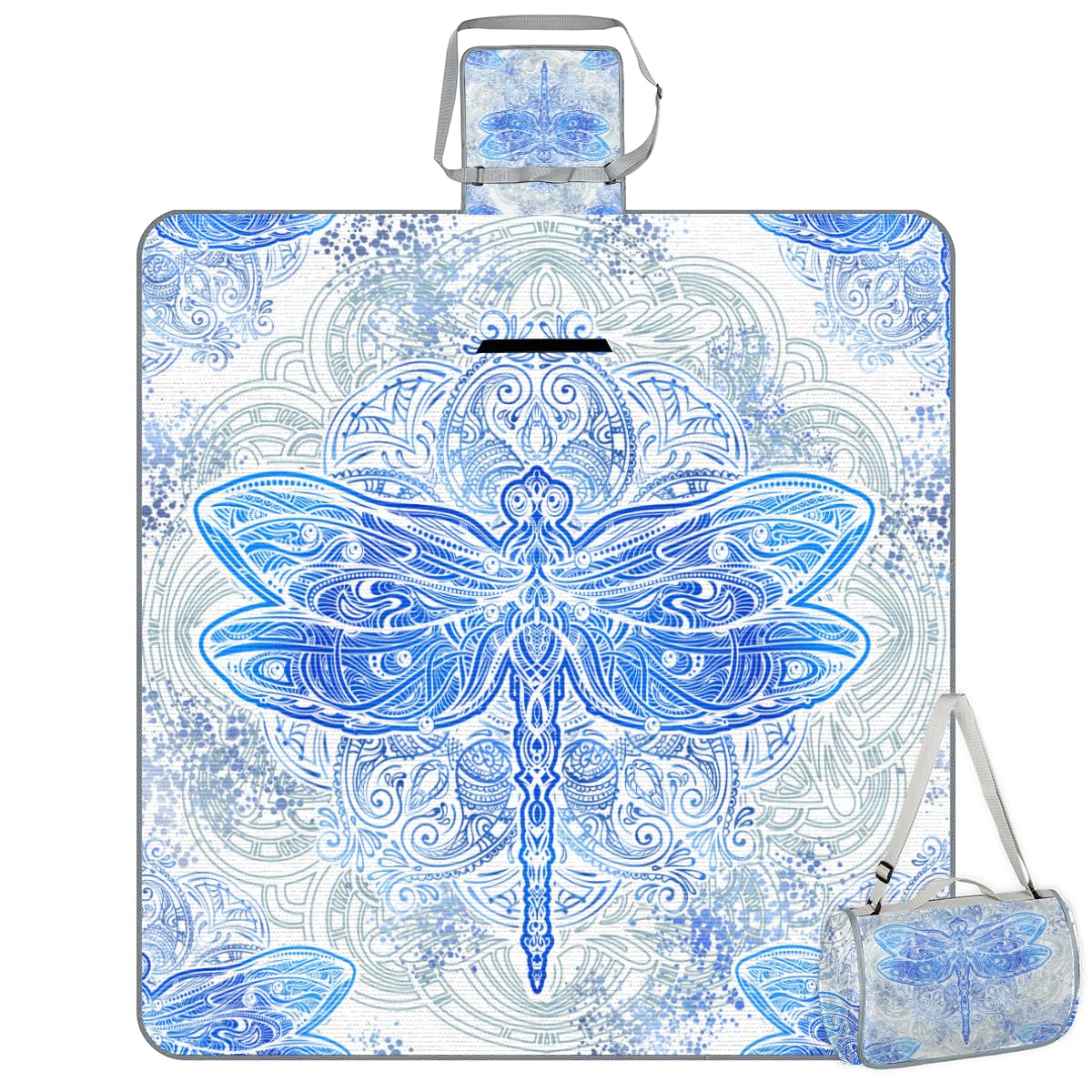Shimoshe Picnic Blankets 57”x 59”, Mandala Dragonfly Waterproof Sandproof Picnic Mat Lightweight Foldable Beach Blanket for Camping Park Grass Beach Outdoor Blanket