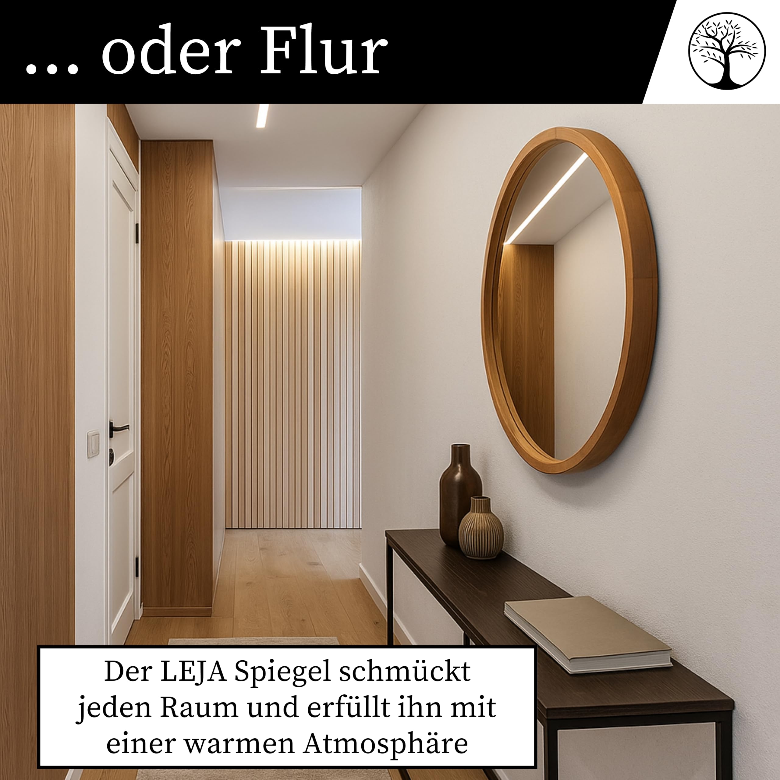 Wandspiegel mit Holzrahmen (∅57 cm) - Spiegel Rund Holz Rustikal - Runder Bad Spiegel für Badezimmer, Flur, Wohnzimmer, Schlafzimmer - Stilvoller 60 cm Badspiegel LEJA