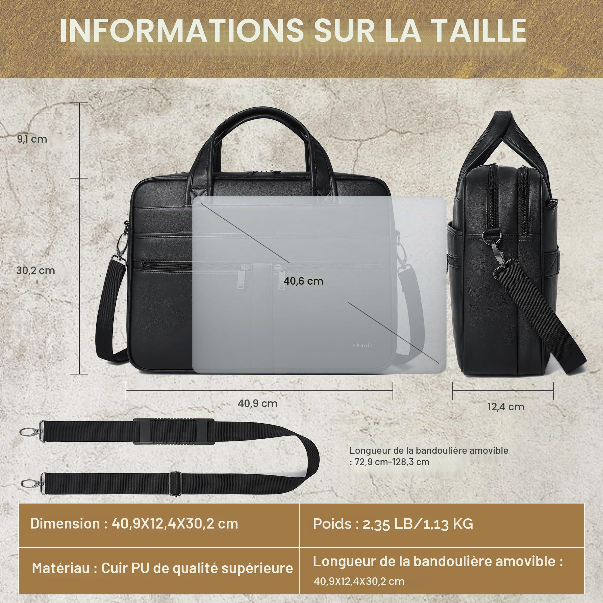 Shrrie Sac à messager en cuir pour homme et femme, sac pour ordinateur portable de 16 pouces, mallette rétro en cuir résistant à l'eau pour homme d'affaires travail