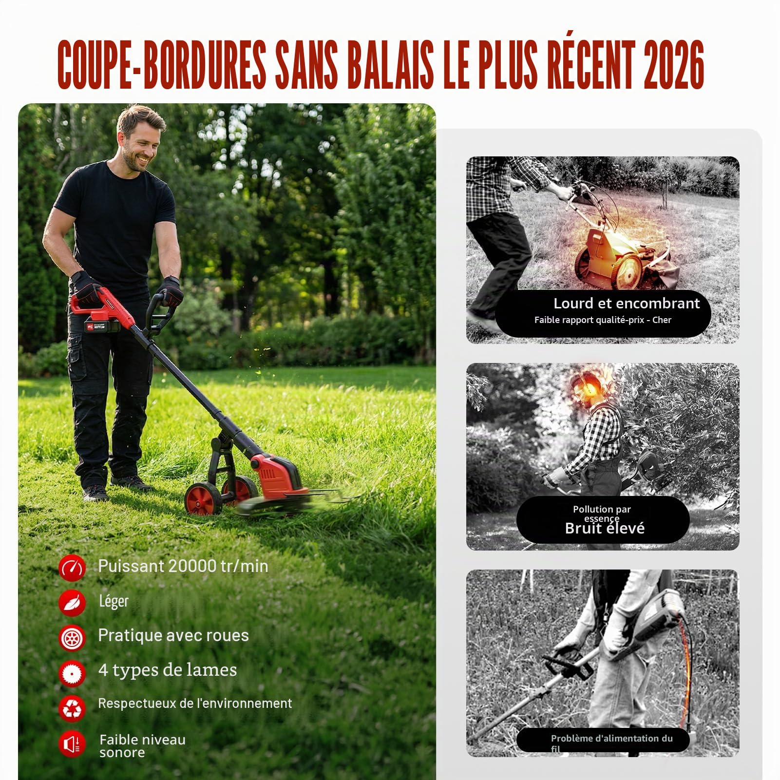 Débroussailleuse à Batterie 12 Pouces avec Roue, 20000 TR/Min, Coupe Bordure sans Fil avec 2 Batterie 3.0Ah, 4 Types De Lames, Moteur sans Balais, Poignée Réglable pour Jardin, Pelouse