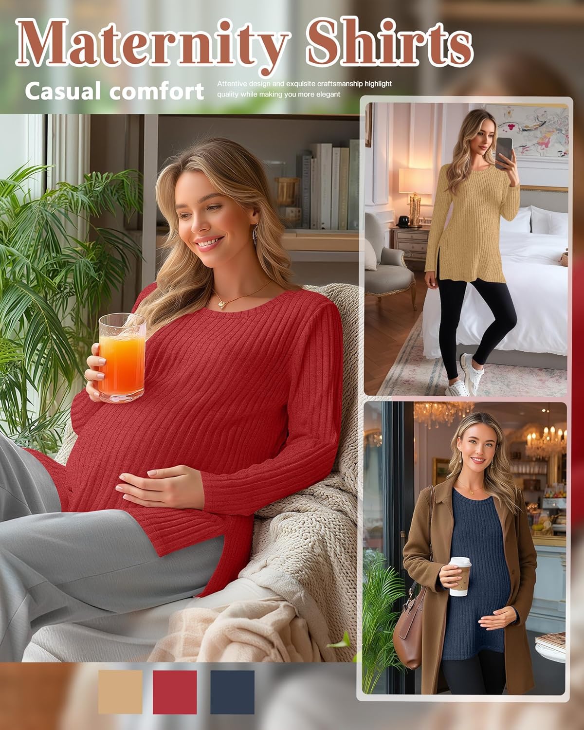 Ficerd 3 Pack Women's Maternity Shirts, Ribbed Long Sleeve Pregnancy Sweaters Crew Neck Slit Side Knit Pregnant Tunic Tee Top - Image 4