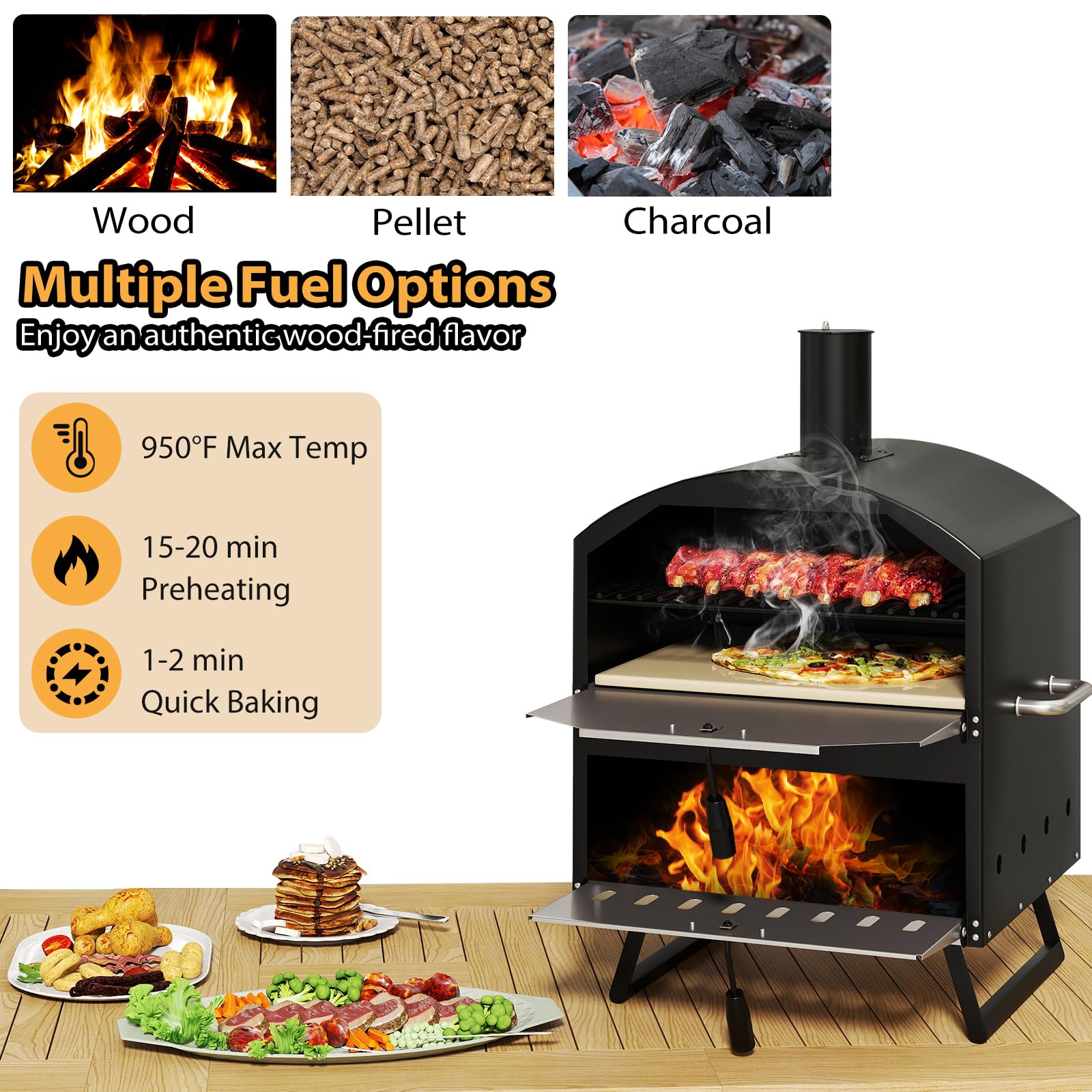 KOMFOTTEU Forno per Pizza da Esterno con 2 Strati, Griglia in Legno Portatile con Copertura Protettiva, Pietra per Pizza, Pala per Pizze, Griglia, Forno per Pizze per BBQ, Campeggio, Festa, Nero