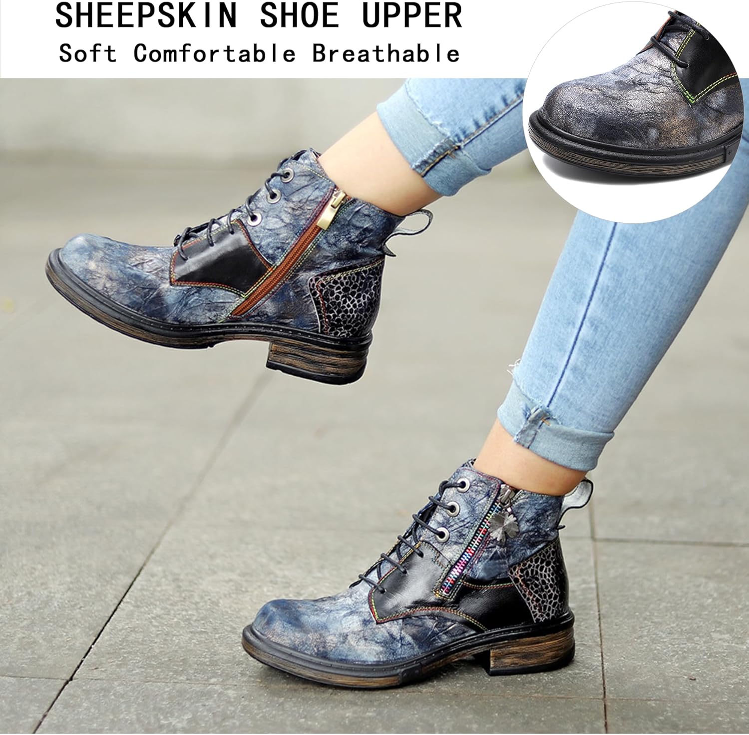 Women's Handmade Retro Lambskin High Heel Boots, Colorful Painting, Metallic Style - Fashion, Comfortable, Durable, Unique Minority Style - Image 3