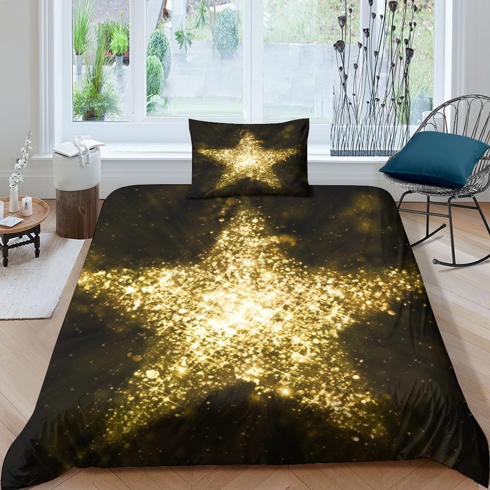 GDEKCIEAS Blinking Gold Glitter Star Duvet Cover Comforter Cover for Teens Adults Kids Bedding Set Breathable 2 Pieces Microfiber Decorative Bed Cover Single（135x200cm）